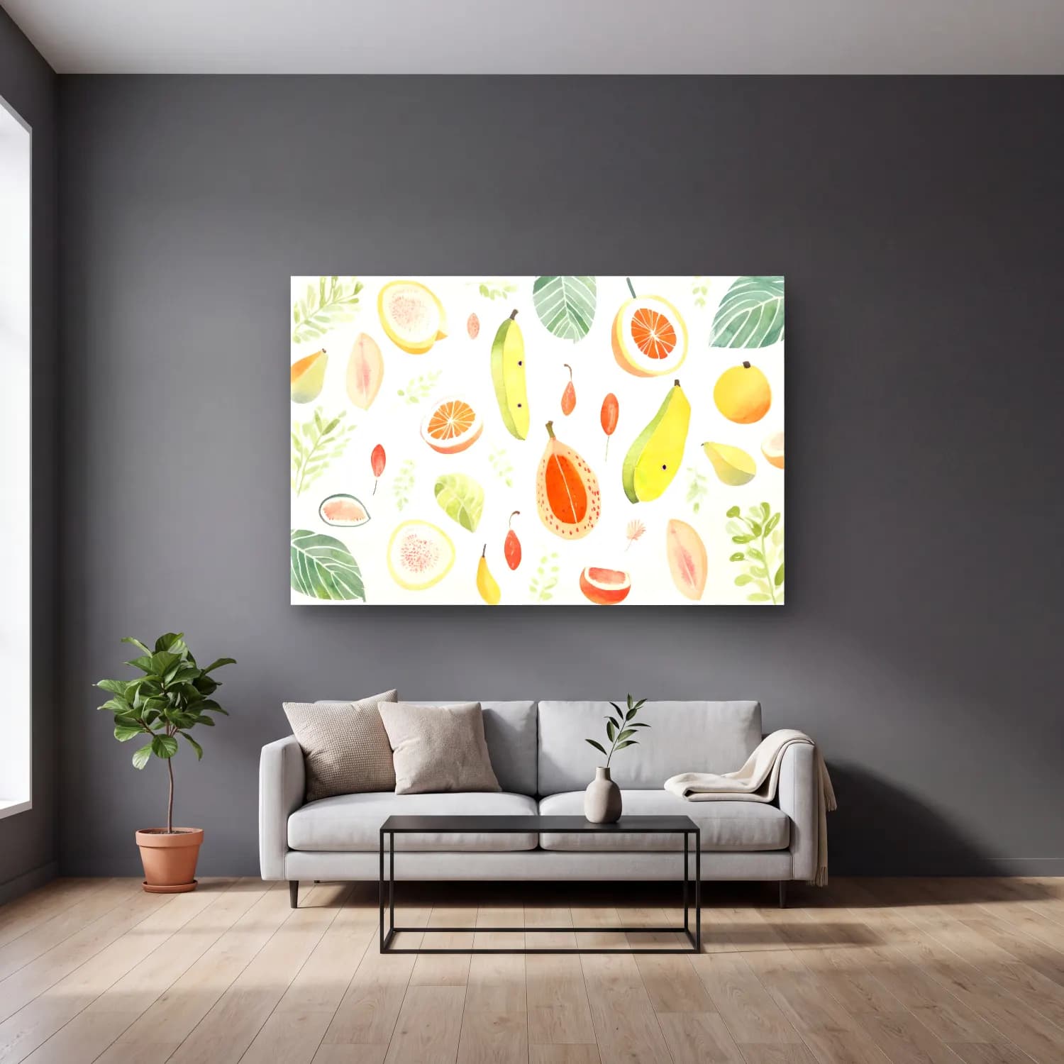 Pastel Limonlar No. 4 cam tablo — gri duvarlı salonda