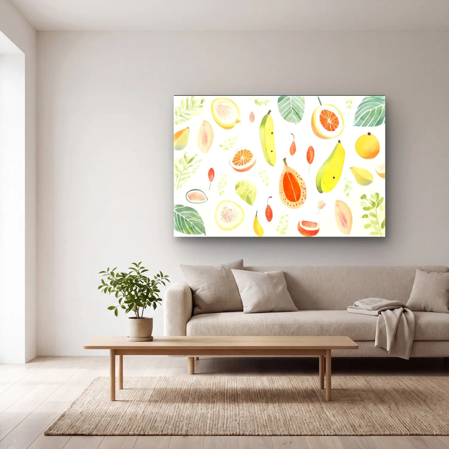 Pastel Limonlar No. 4 cam tablo — açık renk salonda