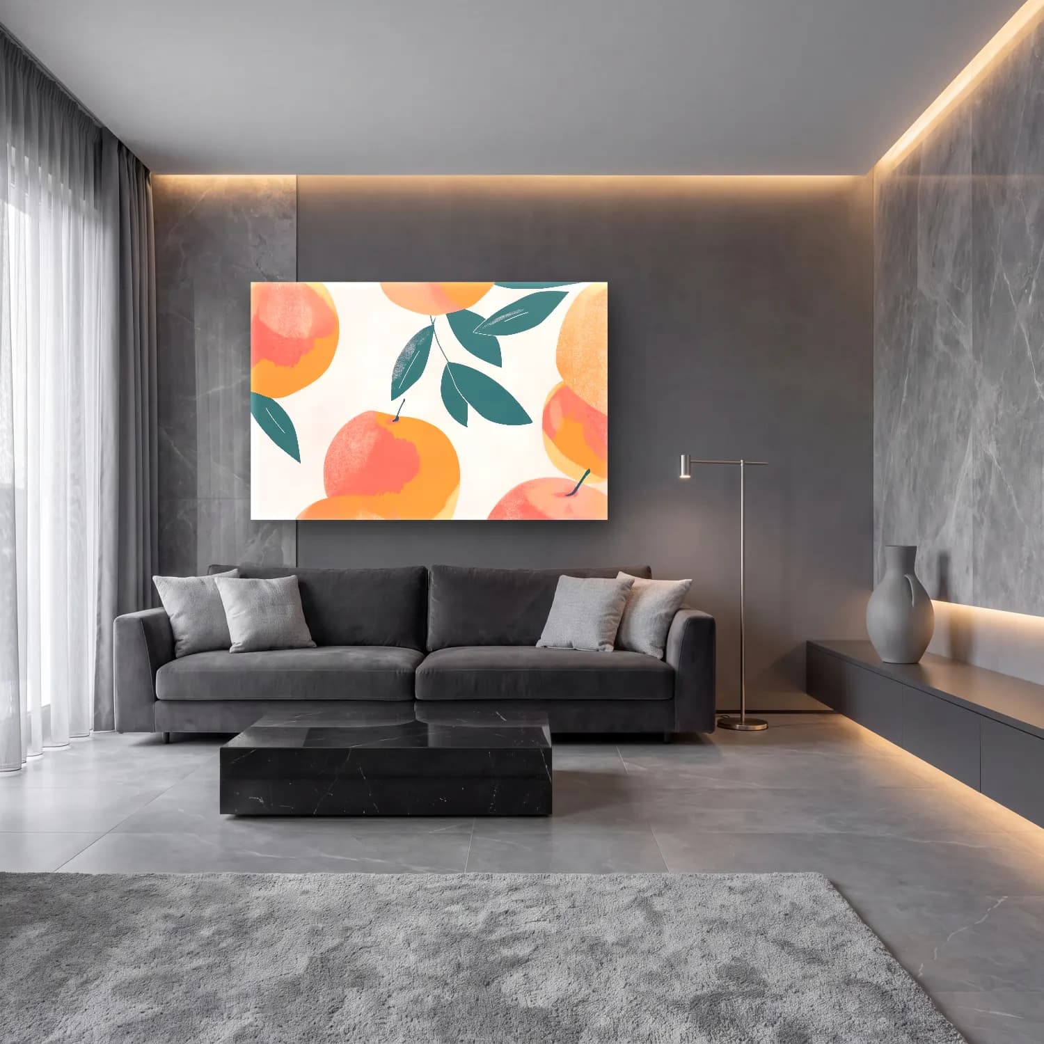 Pastel Portakallar No. 6 cam tablo — lüks salon duvarında