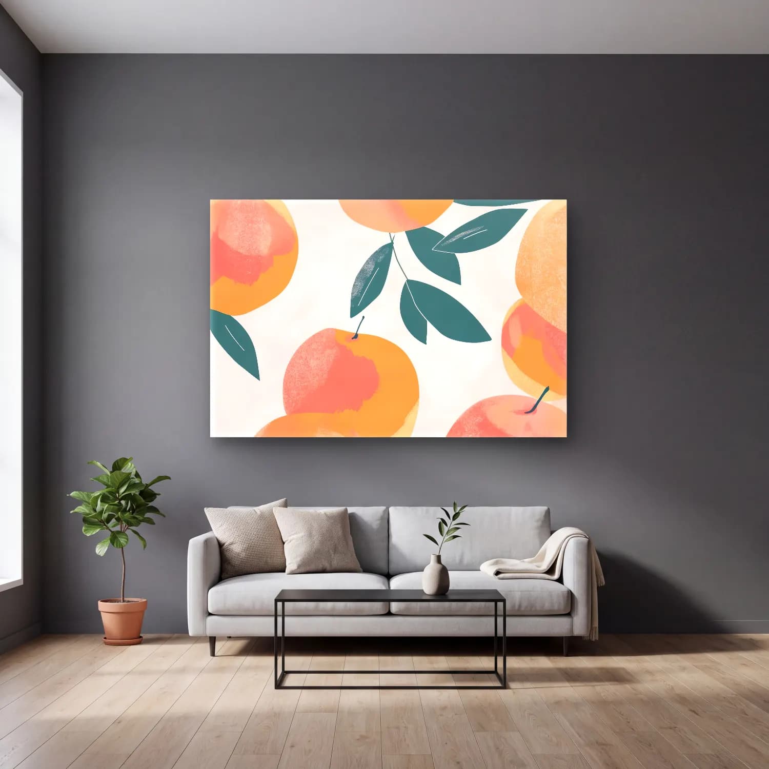 Pastel Portakallar No. 6 cam tablo — gri duvarlı salonda
