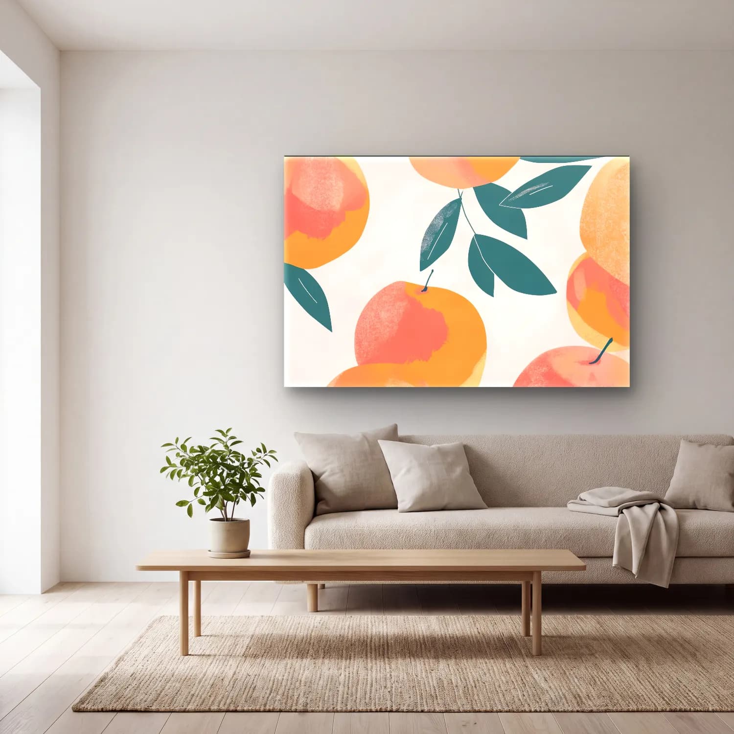 Pastel Portakallar No. 6 cam tablo — açık renk salonda