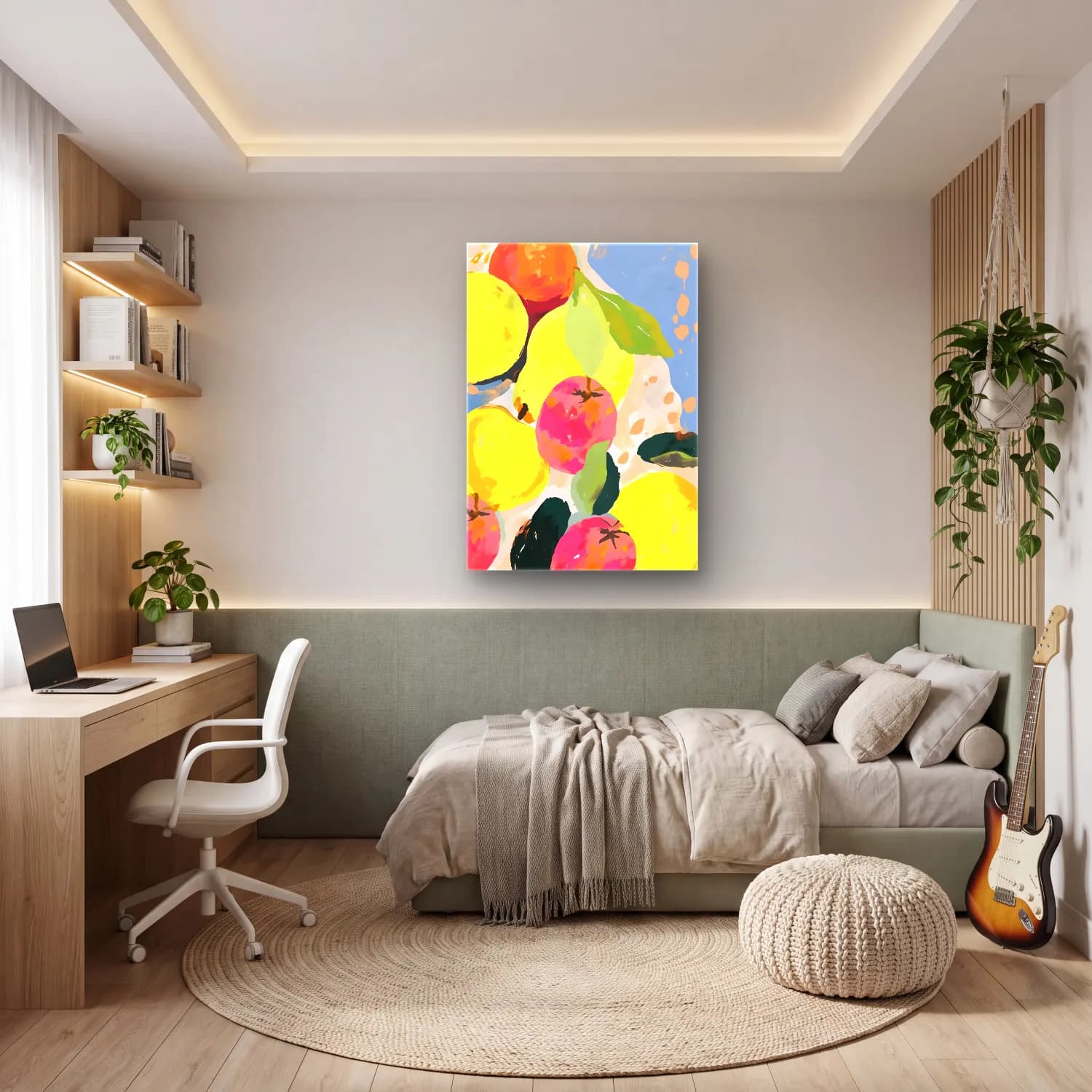 Boho Armut ve Elmalar – Sarı Tonlar cam tablo — genç odasında