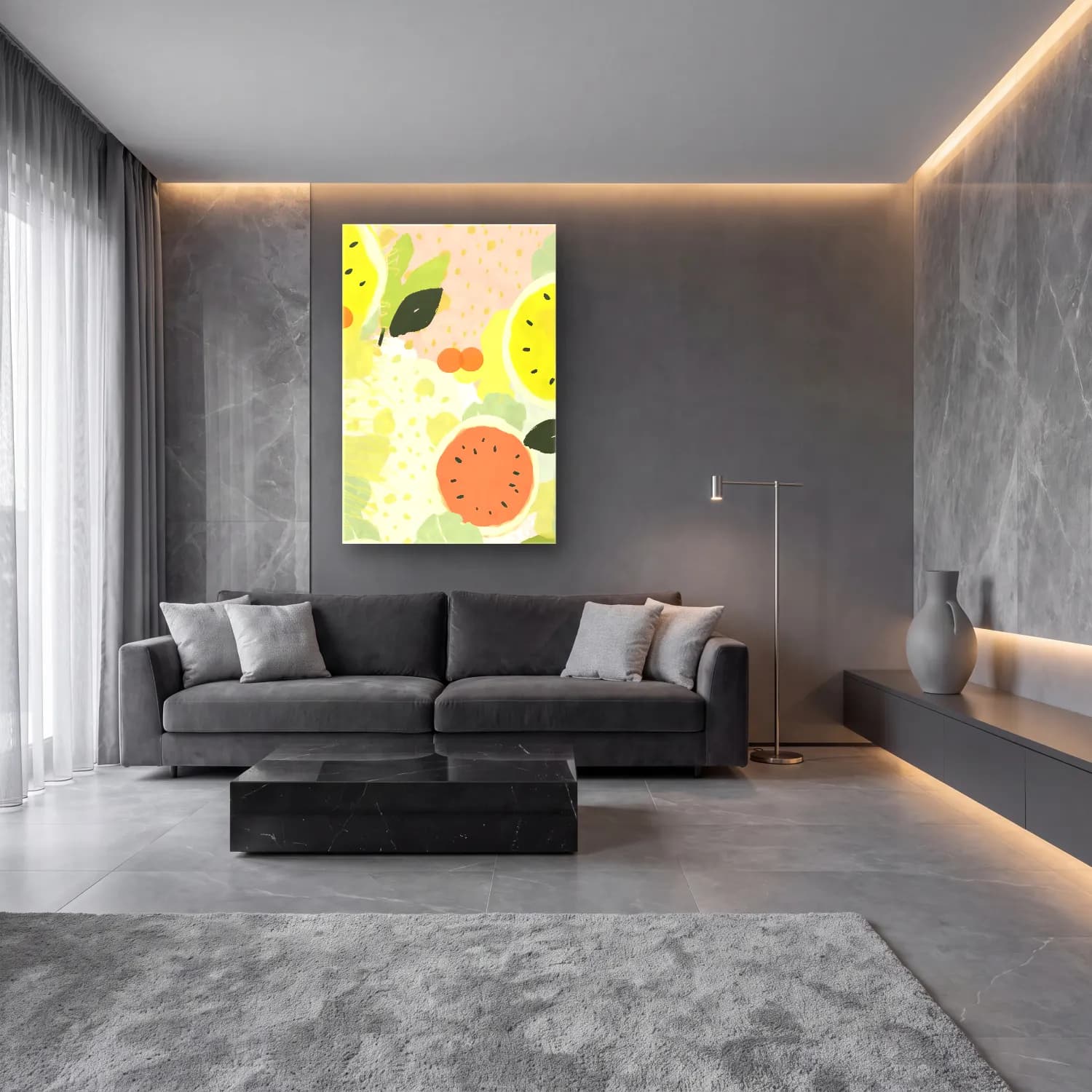Pastel Limonlar No. 6 cam tablo — lüks salon duvarında