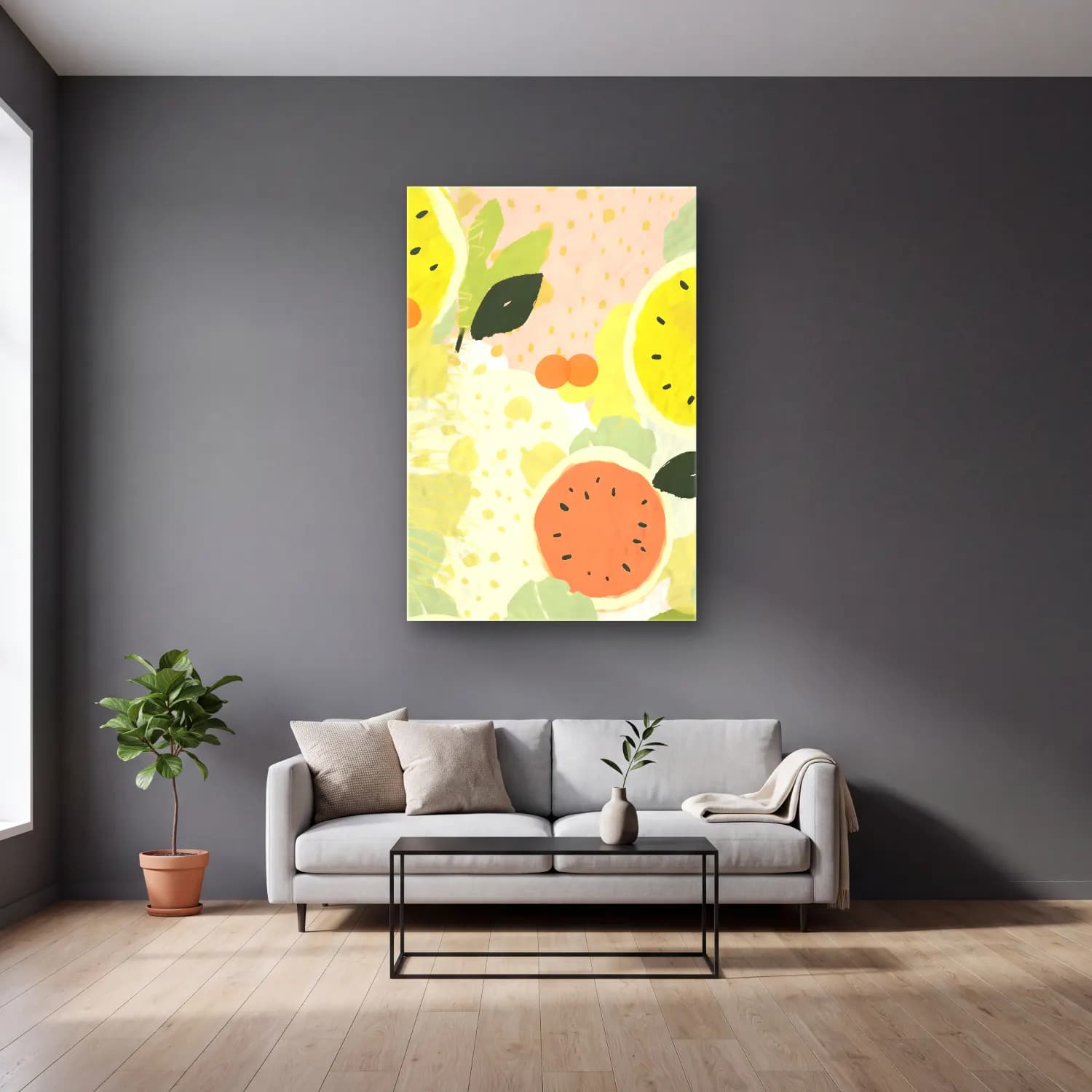 Pastel Limonlar No. 6 cam tablo — gri duvarlı salonda