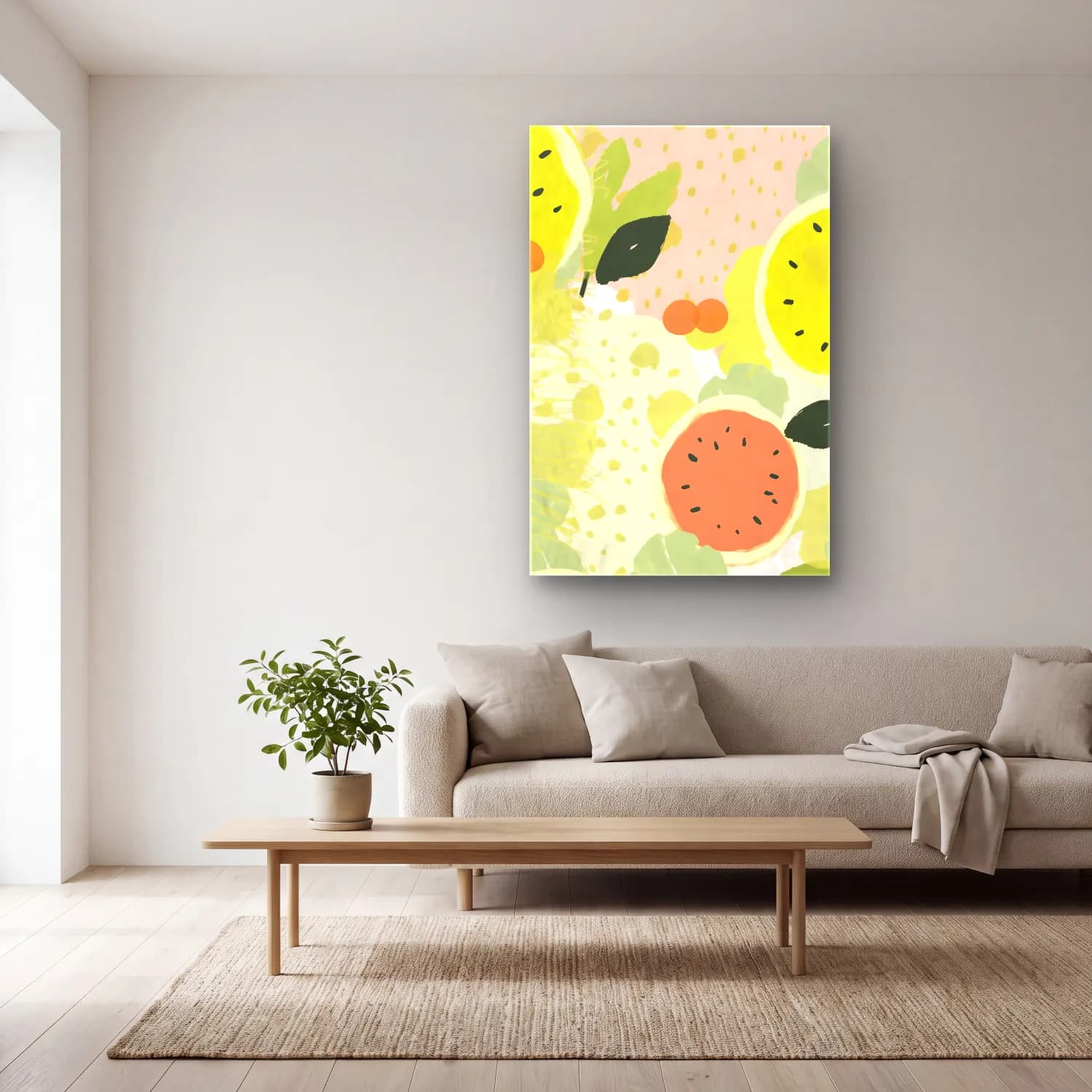 Pastel Limonlar No. 6 cam tablo — açık renk salonda