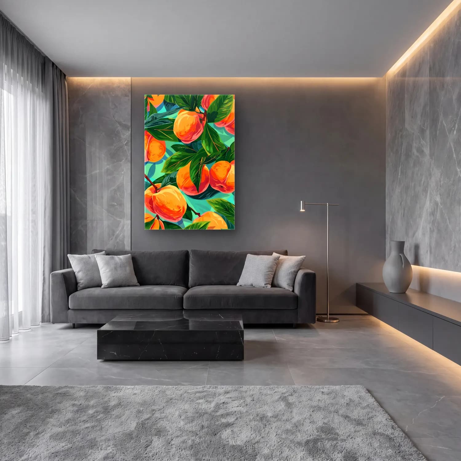 Pastel Portakallar No. 8 cam tablo — lüks salon duvarında