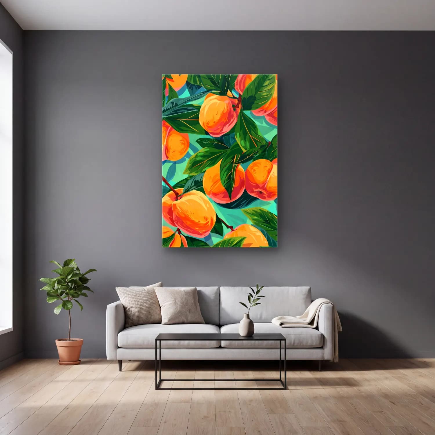 Pastel Portakallar No. 8 cam tablo — gri duvarlı salonda