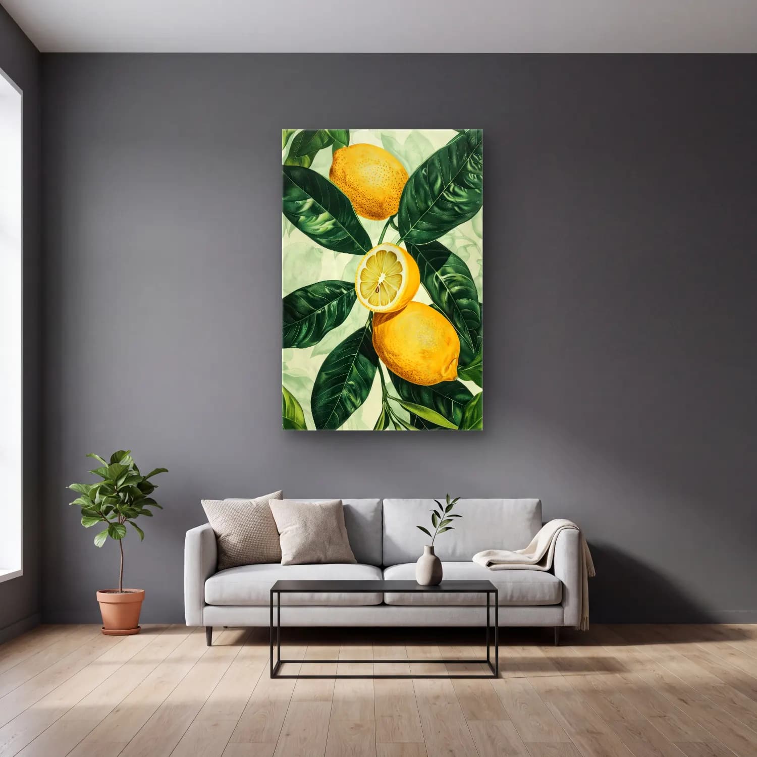 Botanik İllüstrasyon Limonlar No. 4 cam tablo — gri duvarlı salonda
