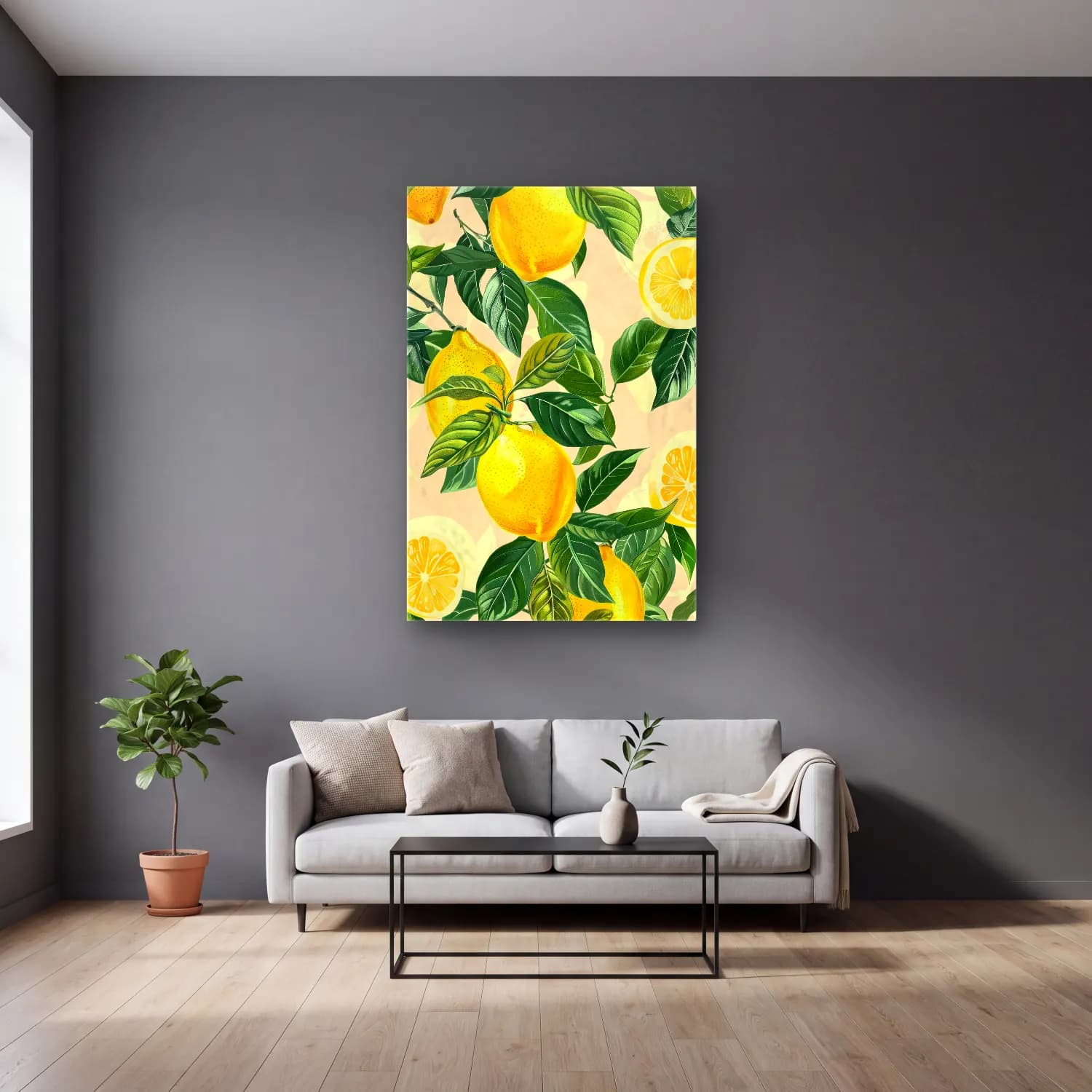 Botanik İllüstrasyon Limonlar No. 5 cam tablo — gri duvarlı salonda