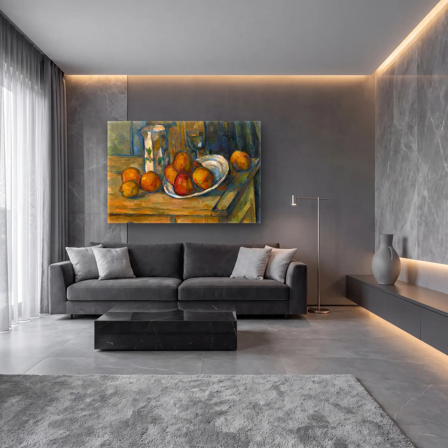 Paul Cezanne – Meyveli Natürmort – Turuncu Tonlar cam tablo — lüks salon duvarında