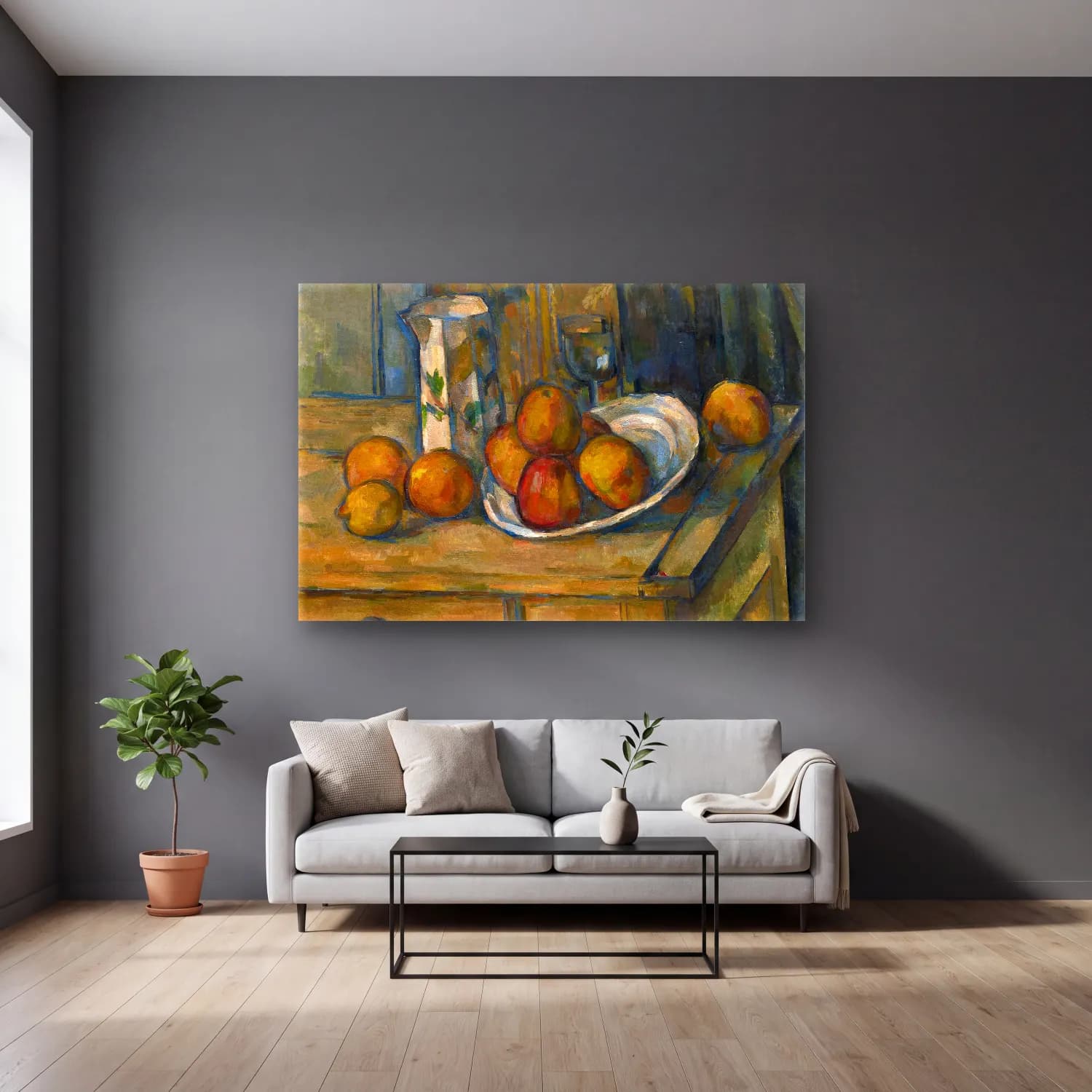 Paul Cezanne – Meyveli Natürmort – Turuncu Tonlar cam tablo — gri duvarlı salonda
