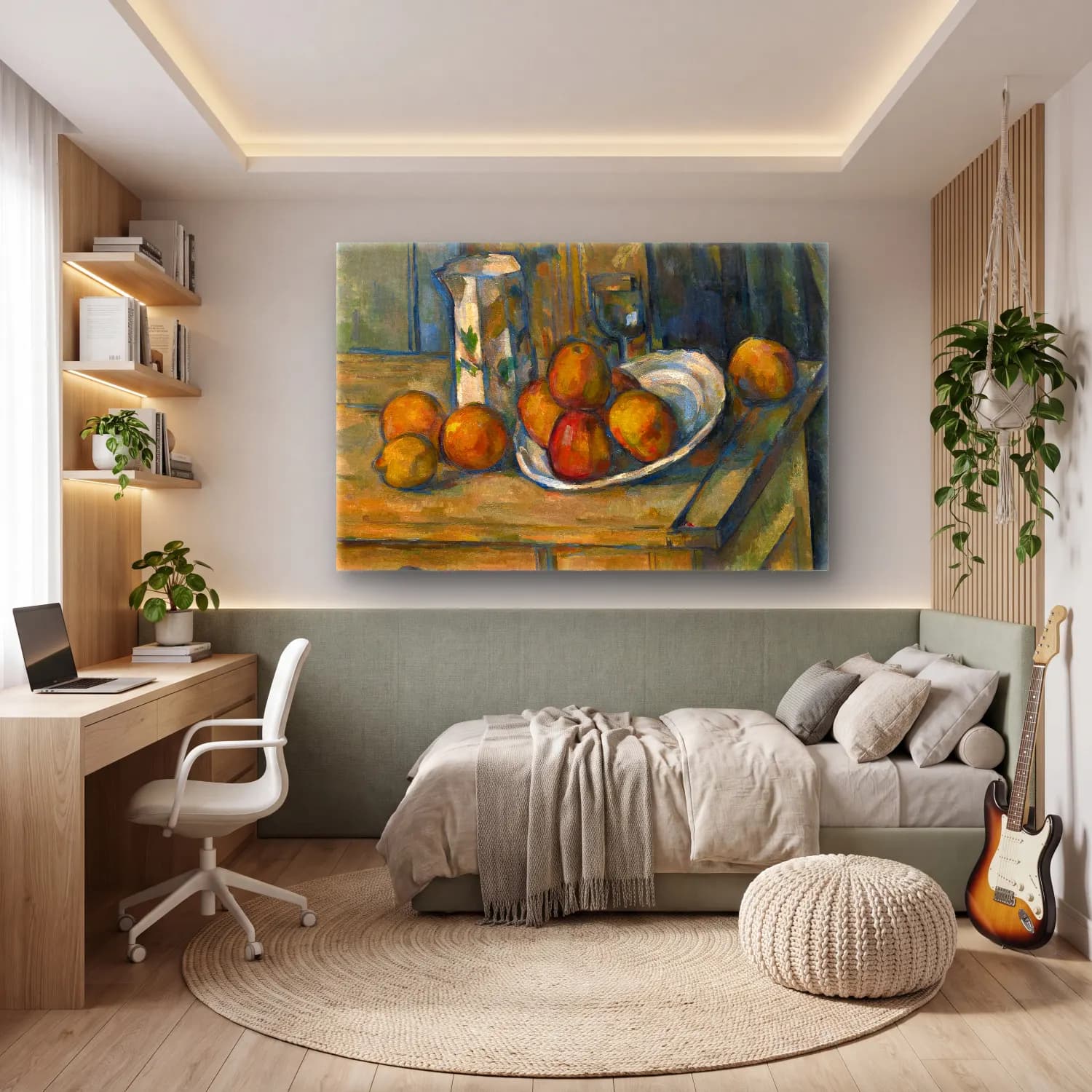 Paul Cezanne – Meyveli Natürmort – Turuncu Tonlar cam tablo — genç odasında