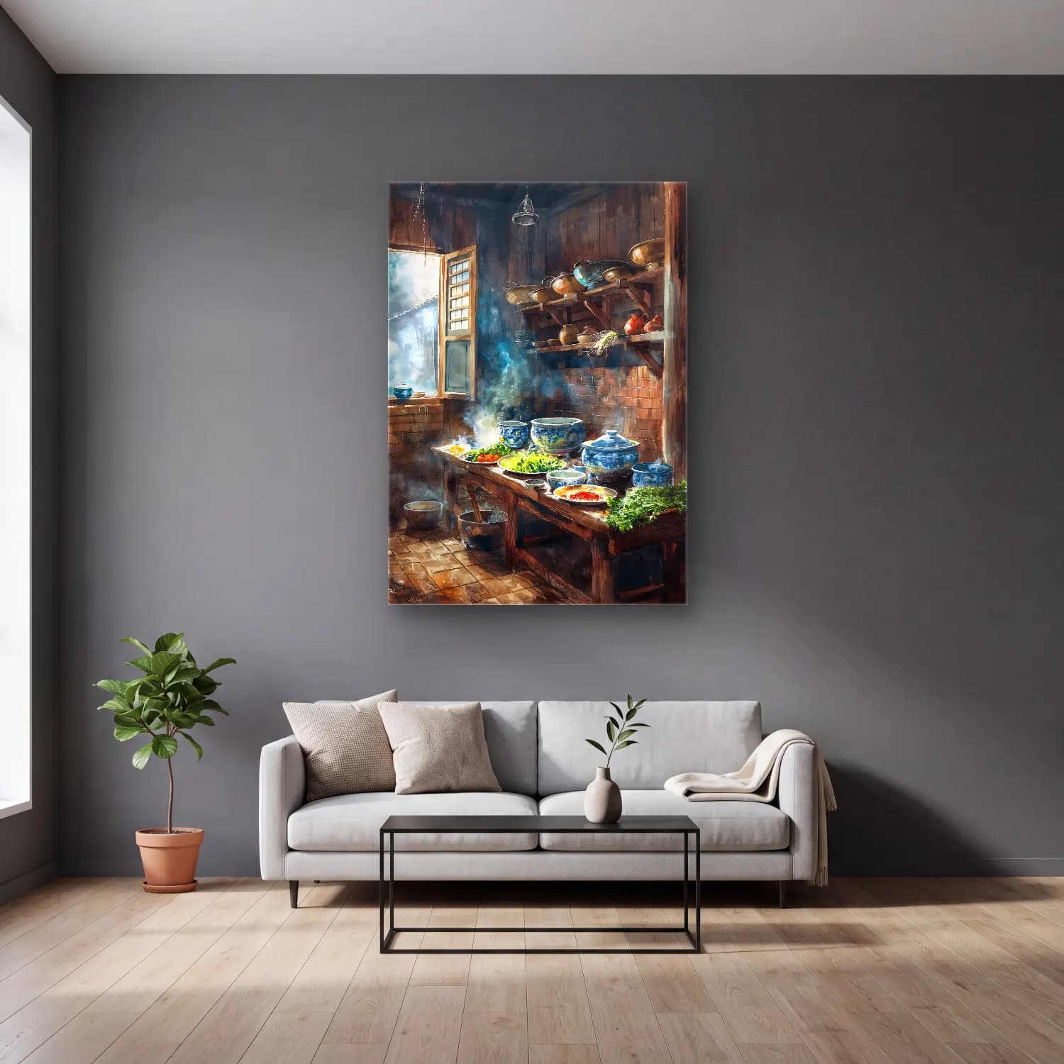 Suluboya Mutfak Gereçleri cam tablo — gri duvarlı salonda