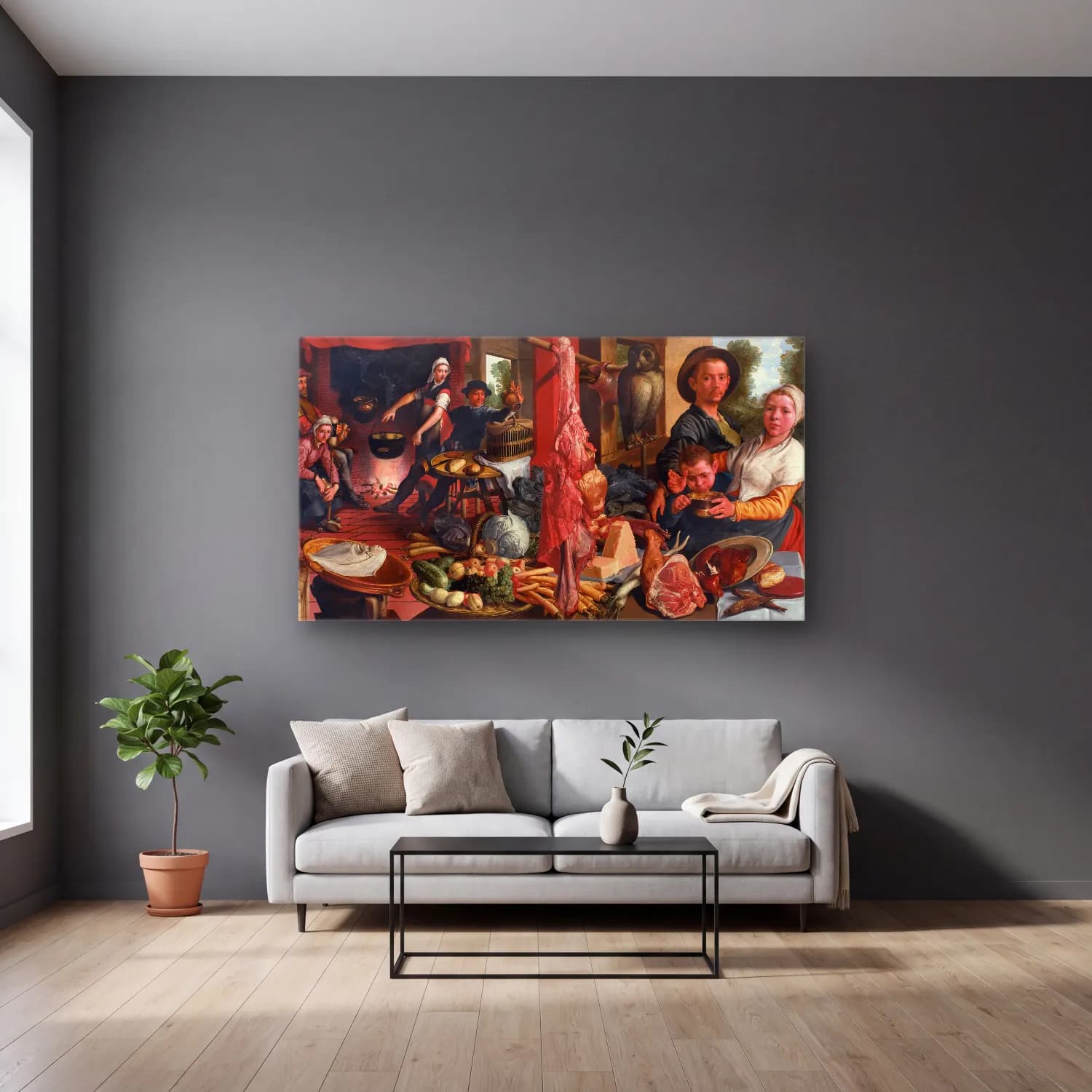 Pieter Aertsen – The Fat Kitchen. An Allegory cam tablo — gri duvarlı salonda