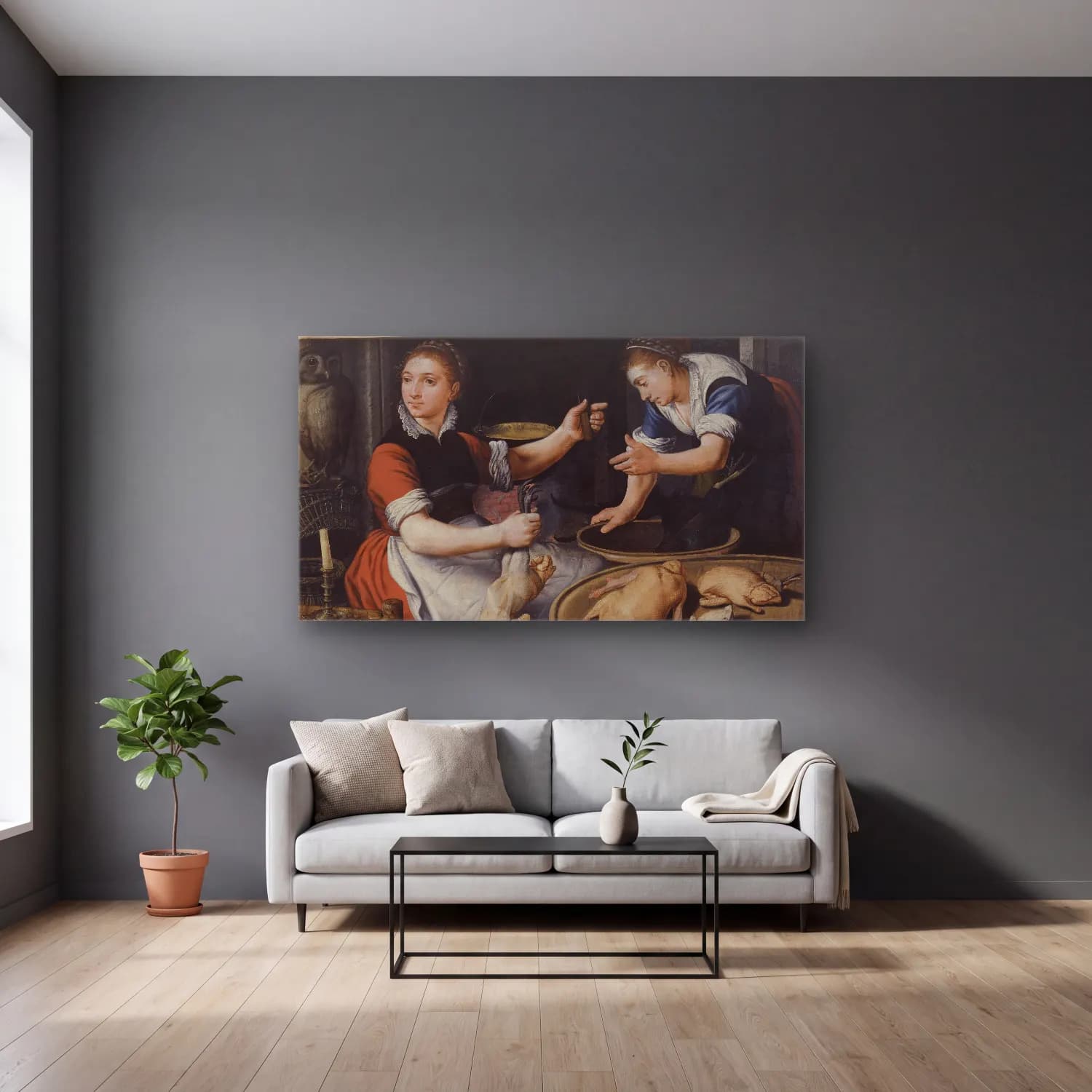 Pieter Aertsen – Two Women Cooking cam tablo — gri duvarlı salonda