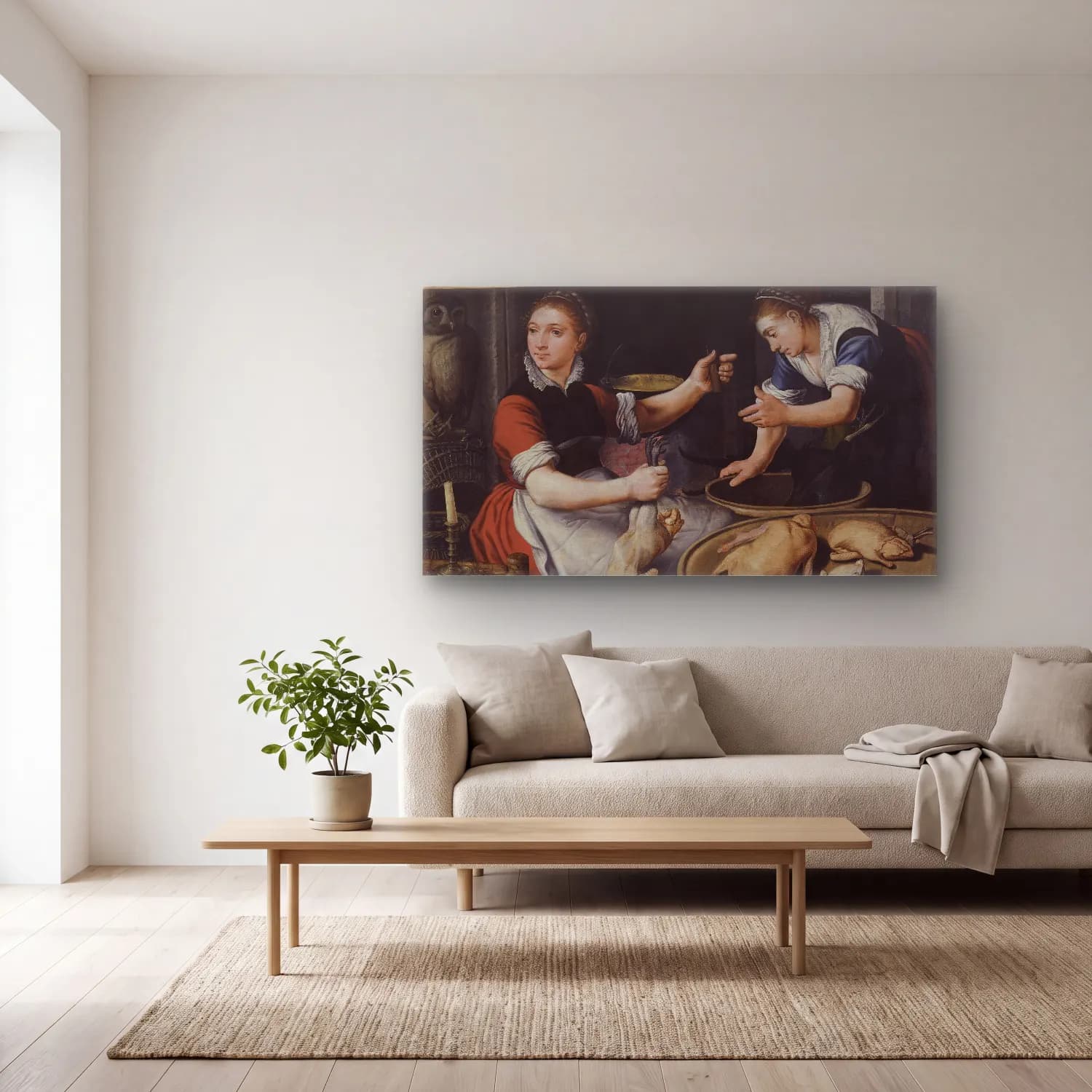 Pieter Aertsen – Two Women Cooking cam tablo — açık renk salonda
