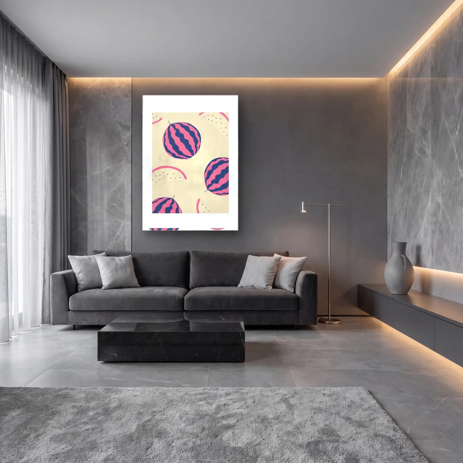 Pastel Karpuz cam tablo — lüks salon duvarında