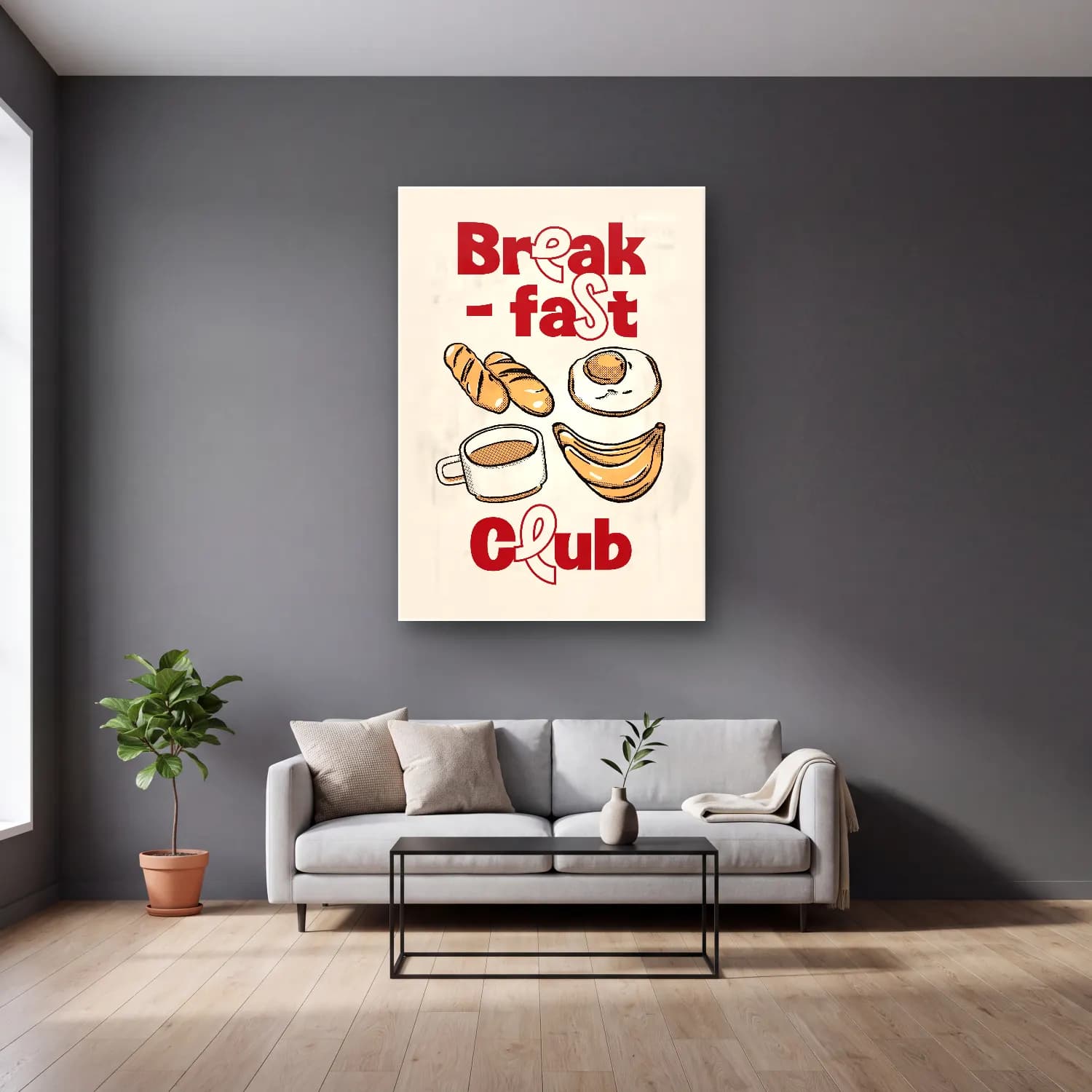 Vintage Poster Ekmek ve Pastalar cam tablo — gri duvarlı salonda