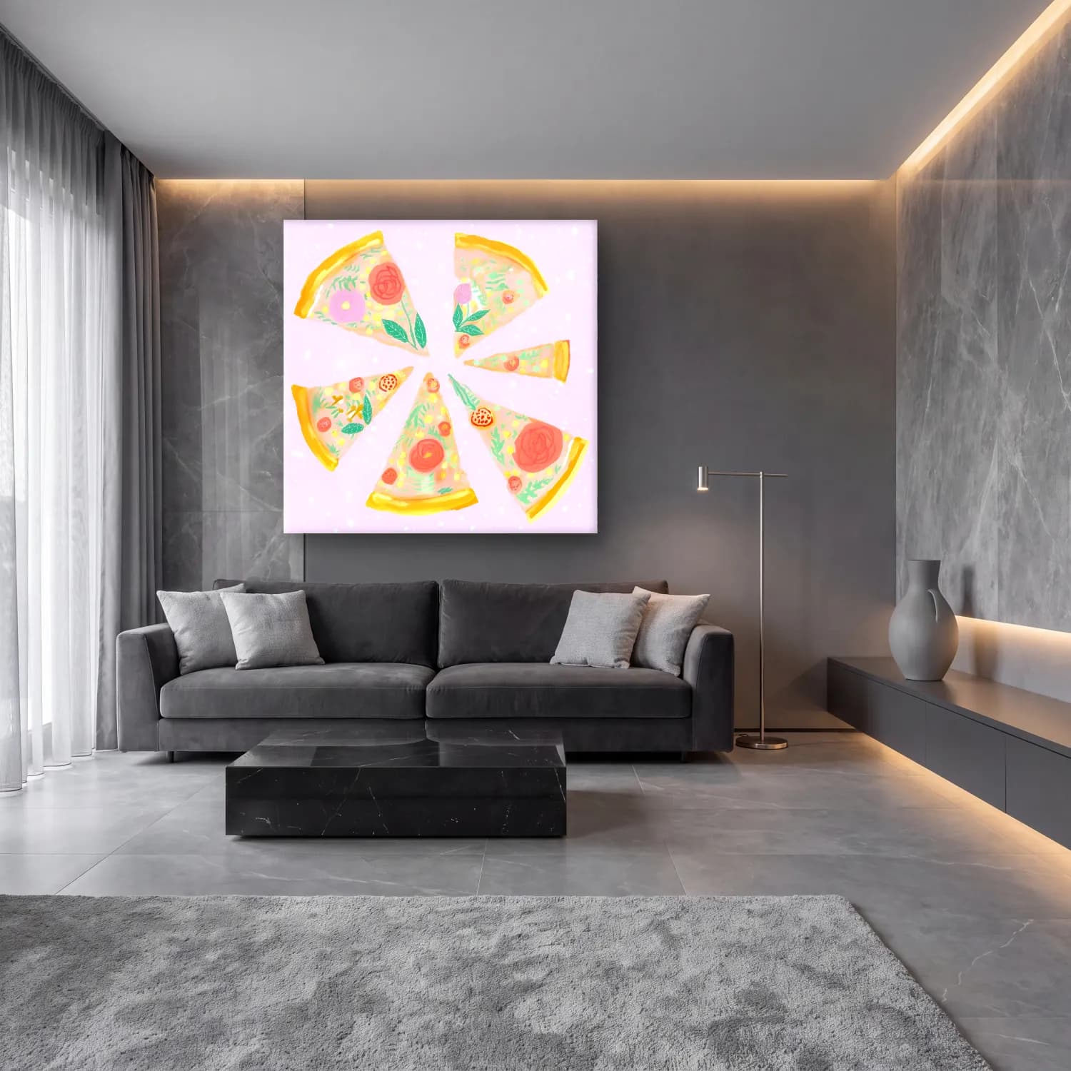 Pastel Çiçek Deseni No. 36 cam tablo — lüks salon duvarında