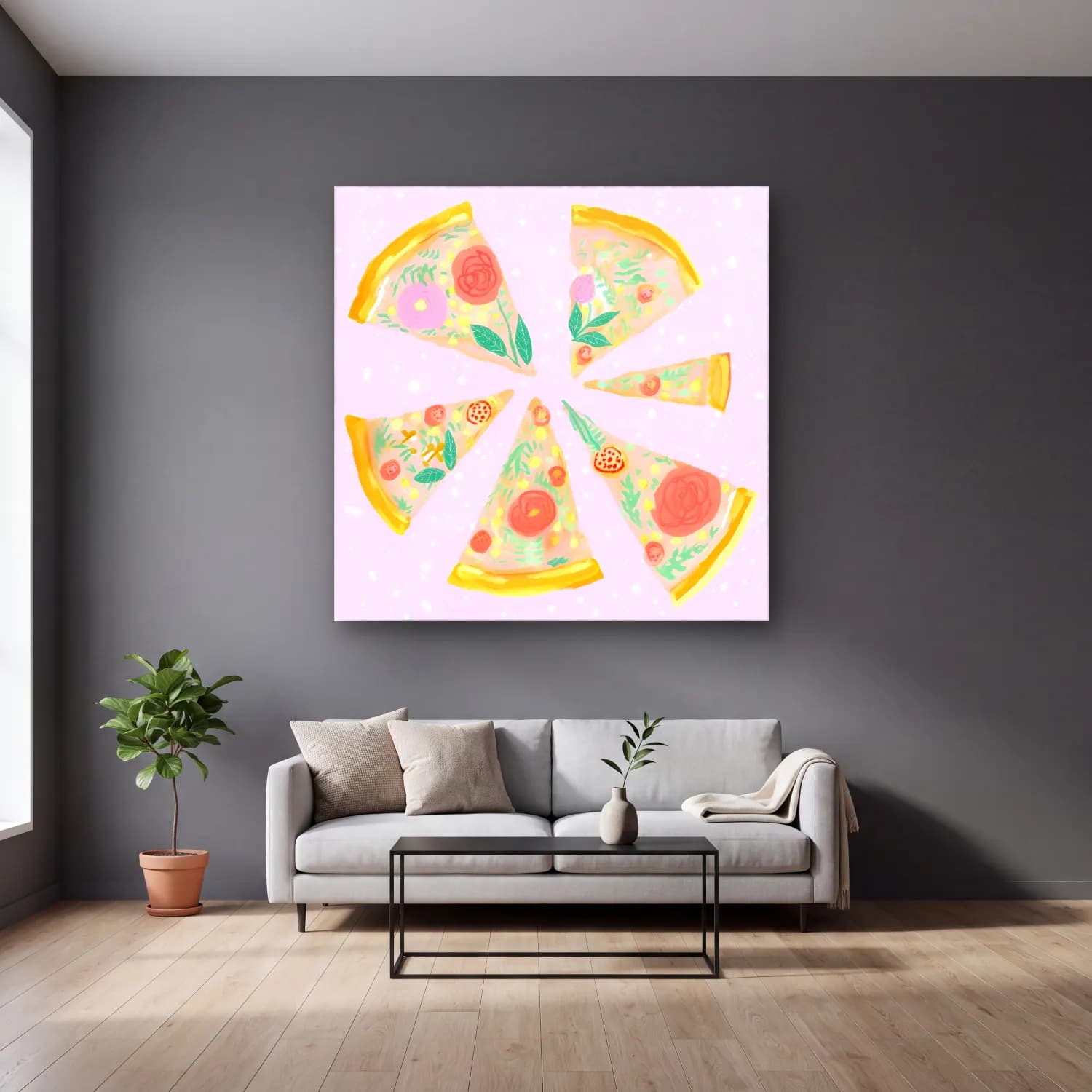 Pastel Çiçek Deseni No. 36 cam tablo — gri duvarlı salonda