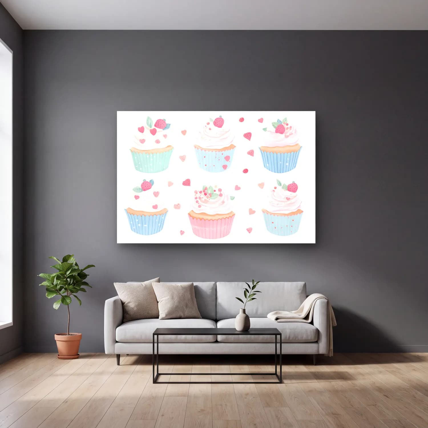 Pastel Tatlılar No. 8 cam tablo — gri duvarlı salonda