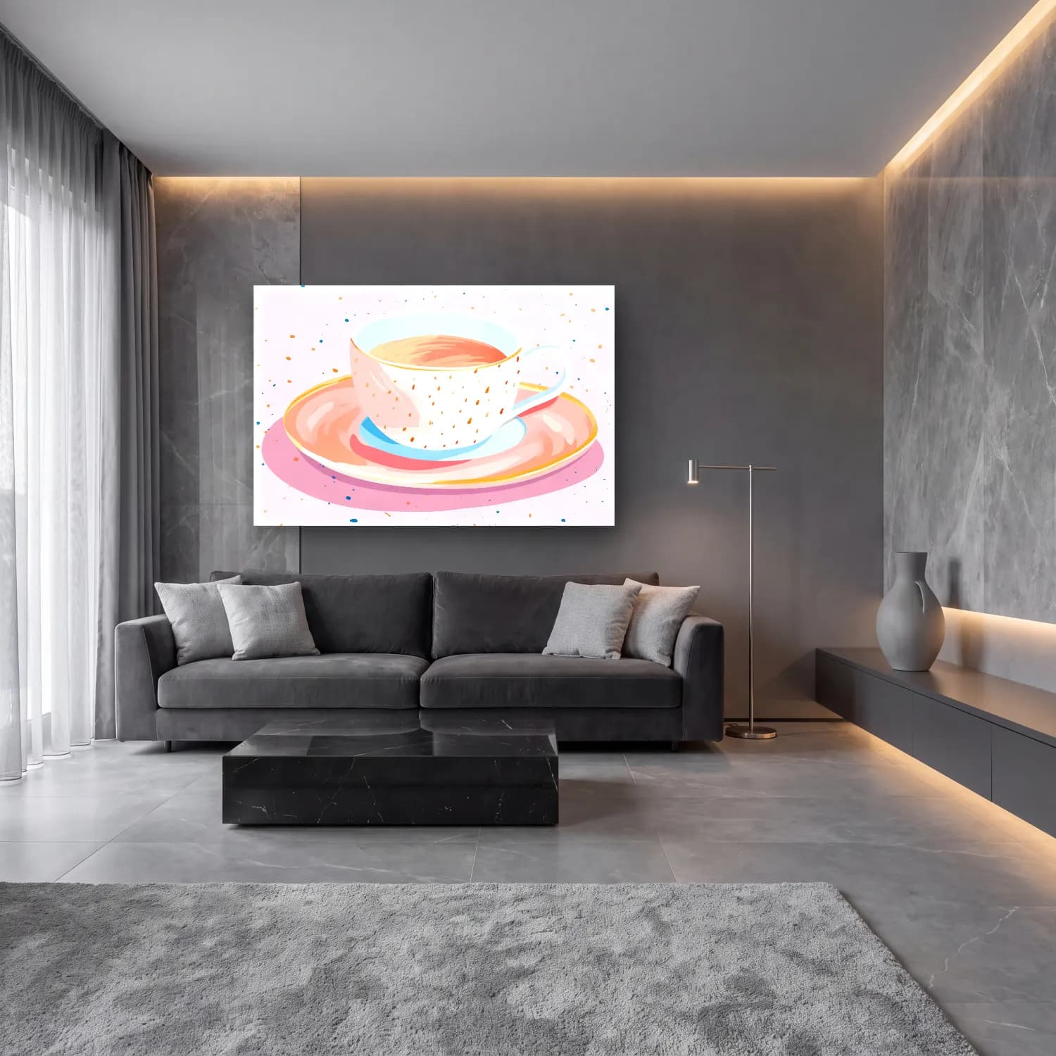 Pastel Çay Fincanı cam tablo — lüks salon duvarında