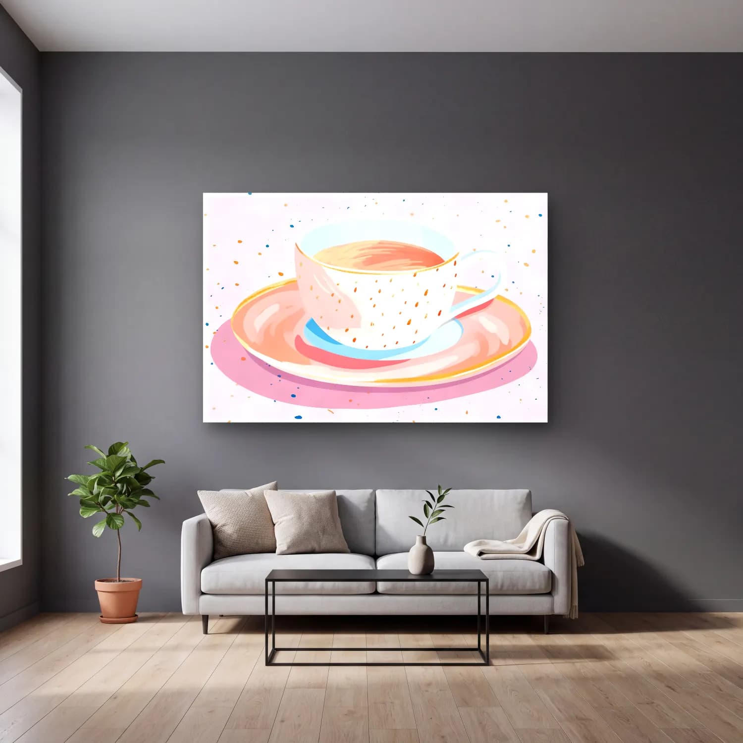 Pastel Çay Fincanı cam tablo — gri duvarlı salonda