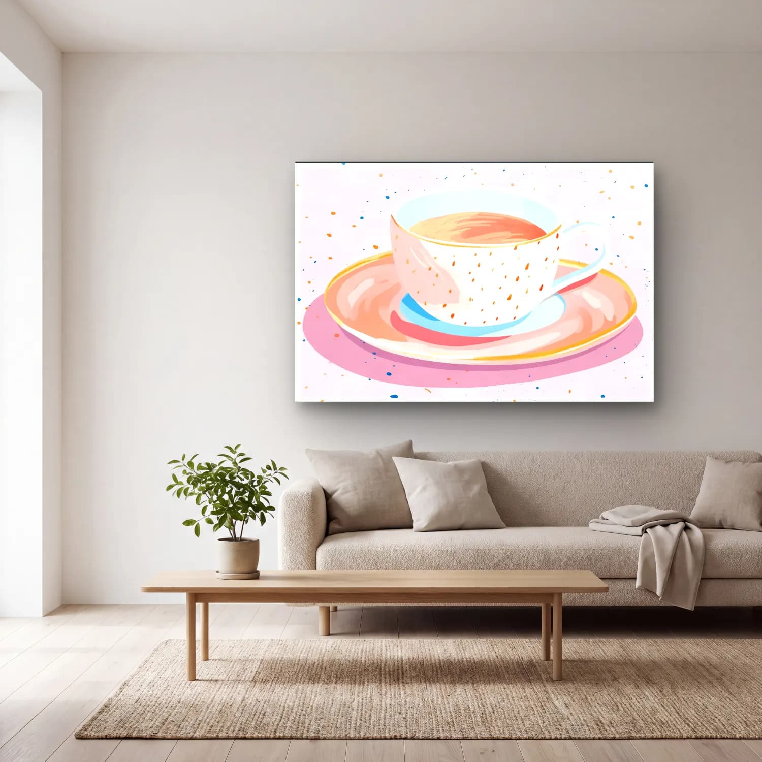 Pastel Çay Fincanı cam tablo — açık renk salonda