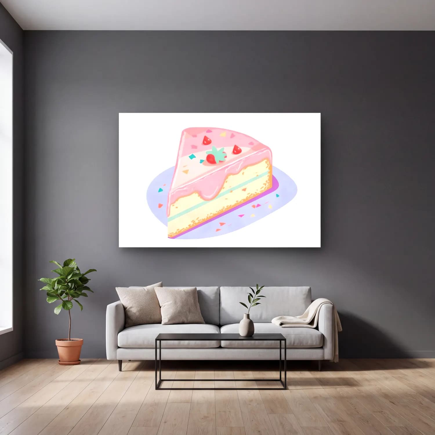 Pastel Tatlılar No. 10 cam tablo — gri duvarlı salonda