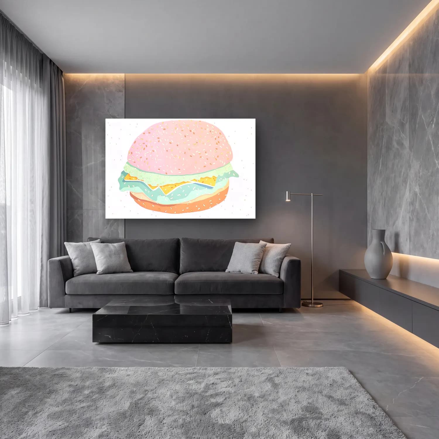Pastel Ekmek ve Pastalar cam tablo — lüks salon duvarında