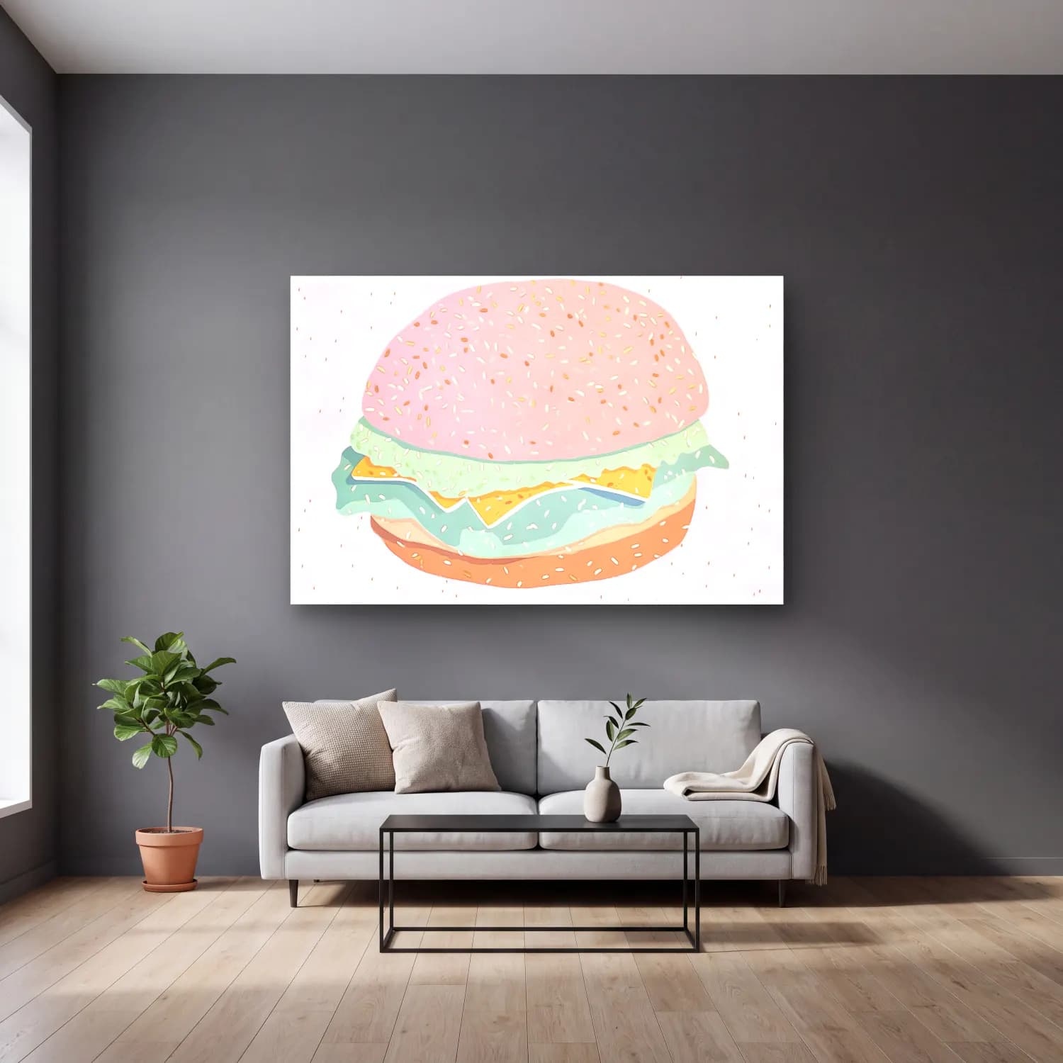 Pastel Ekmek ve Pastalar cam tablo — gri duvarlı salonda