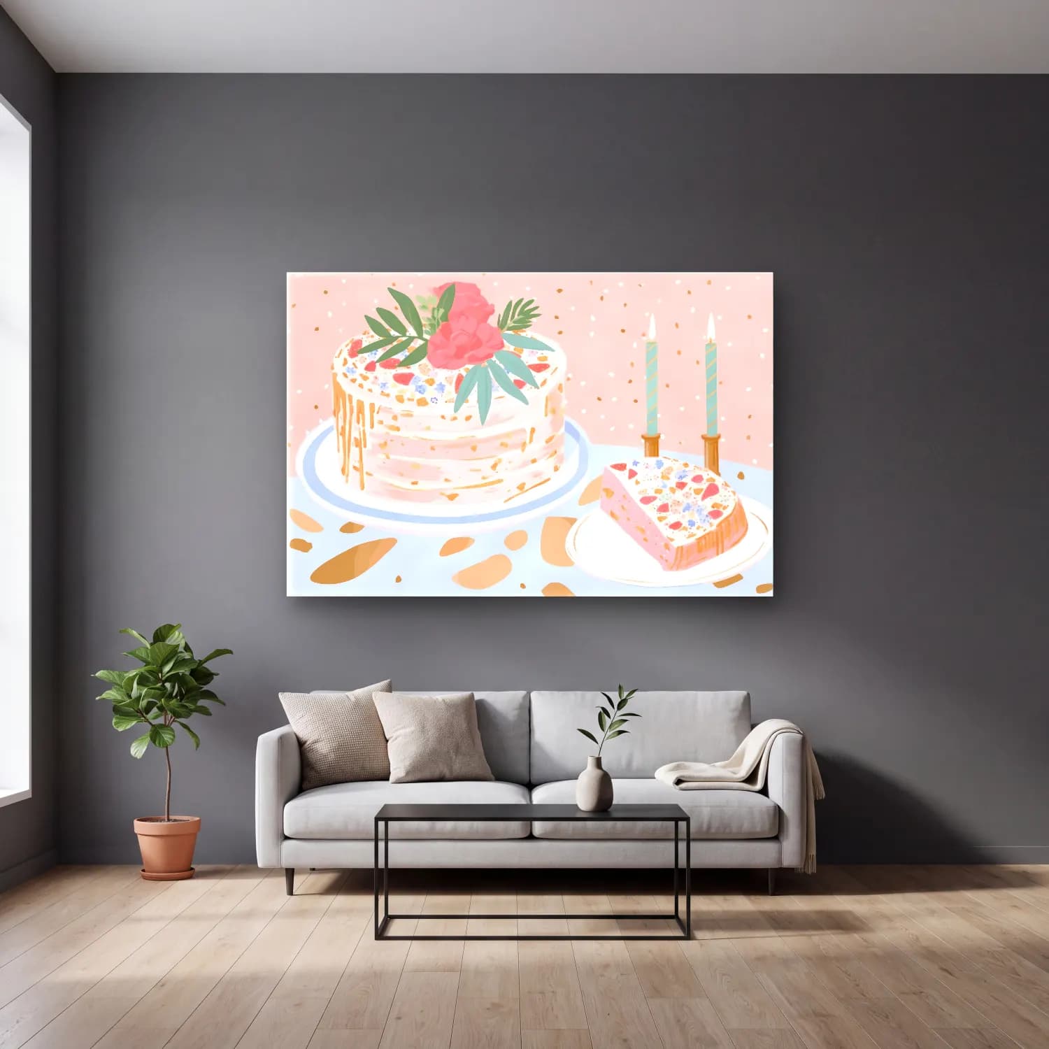 Pastel Tatlılar No. 11 cam tablo — gri duvarlı salonda
