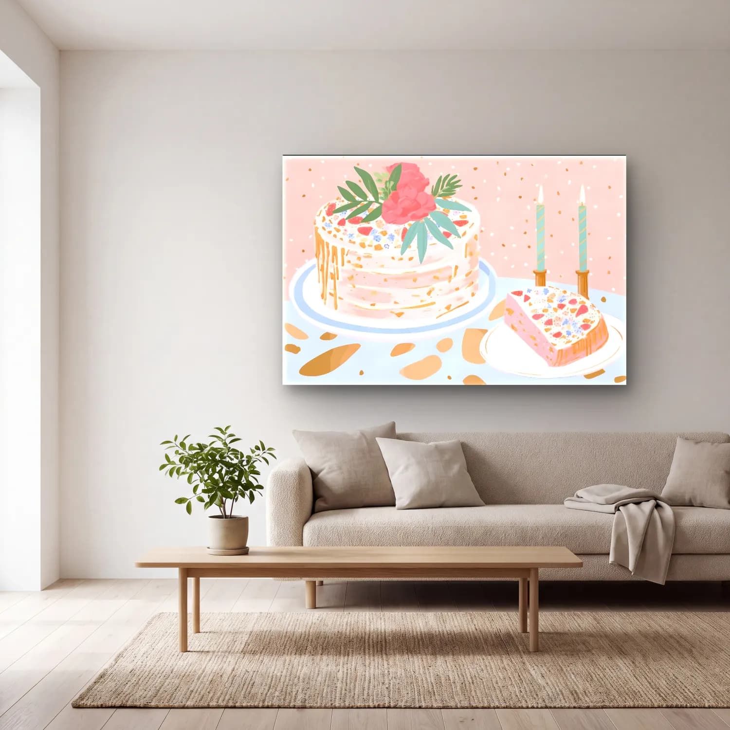 Pastel Tatlılar No. 11 cam tablo — açık renk salonda