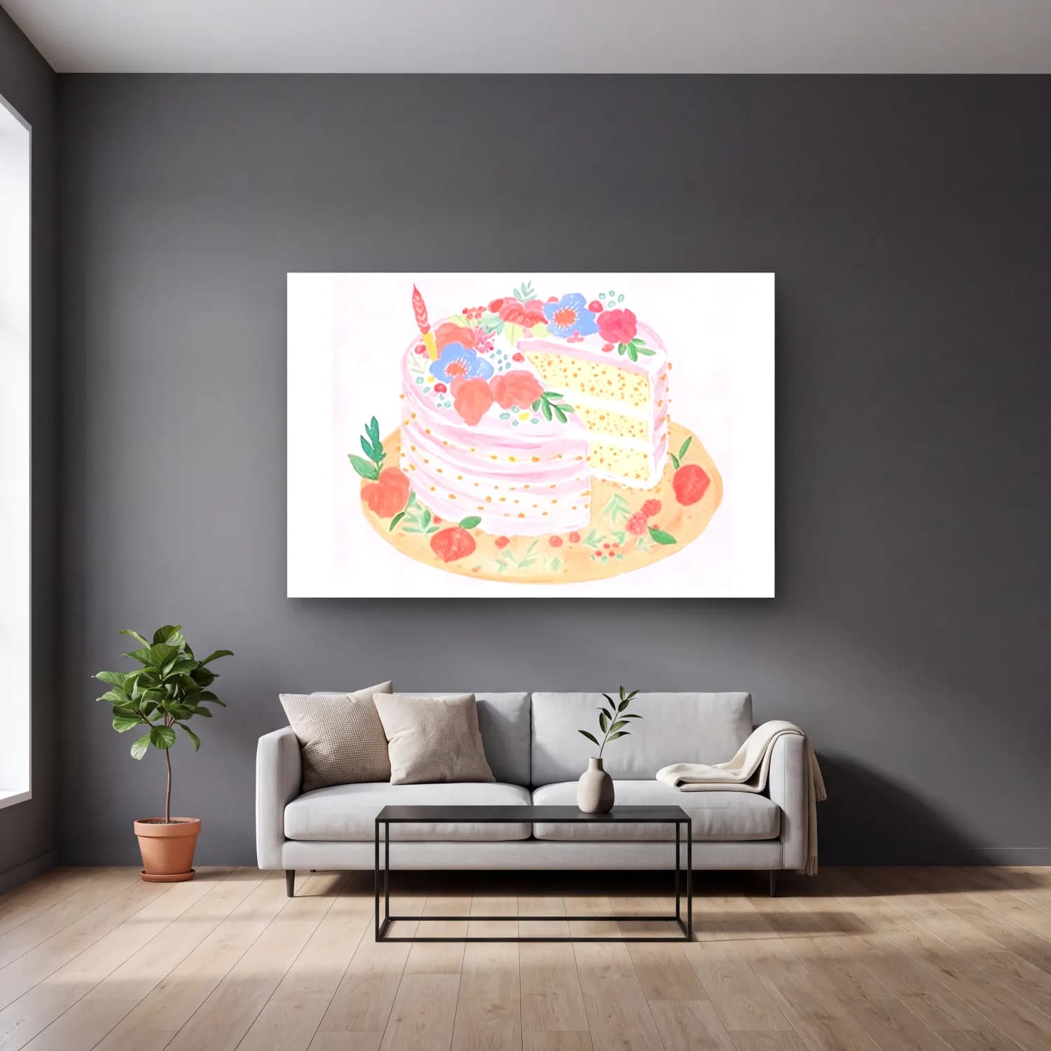 Pastel Tatlılar No. 12 cam tablo — gri duvarlı salonda