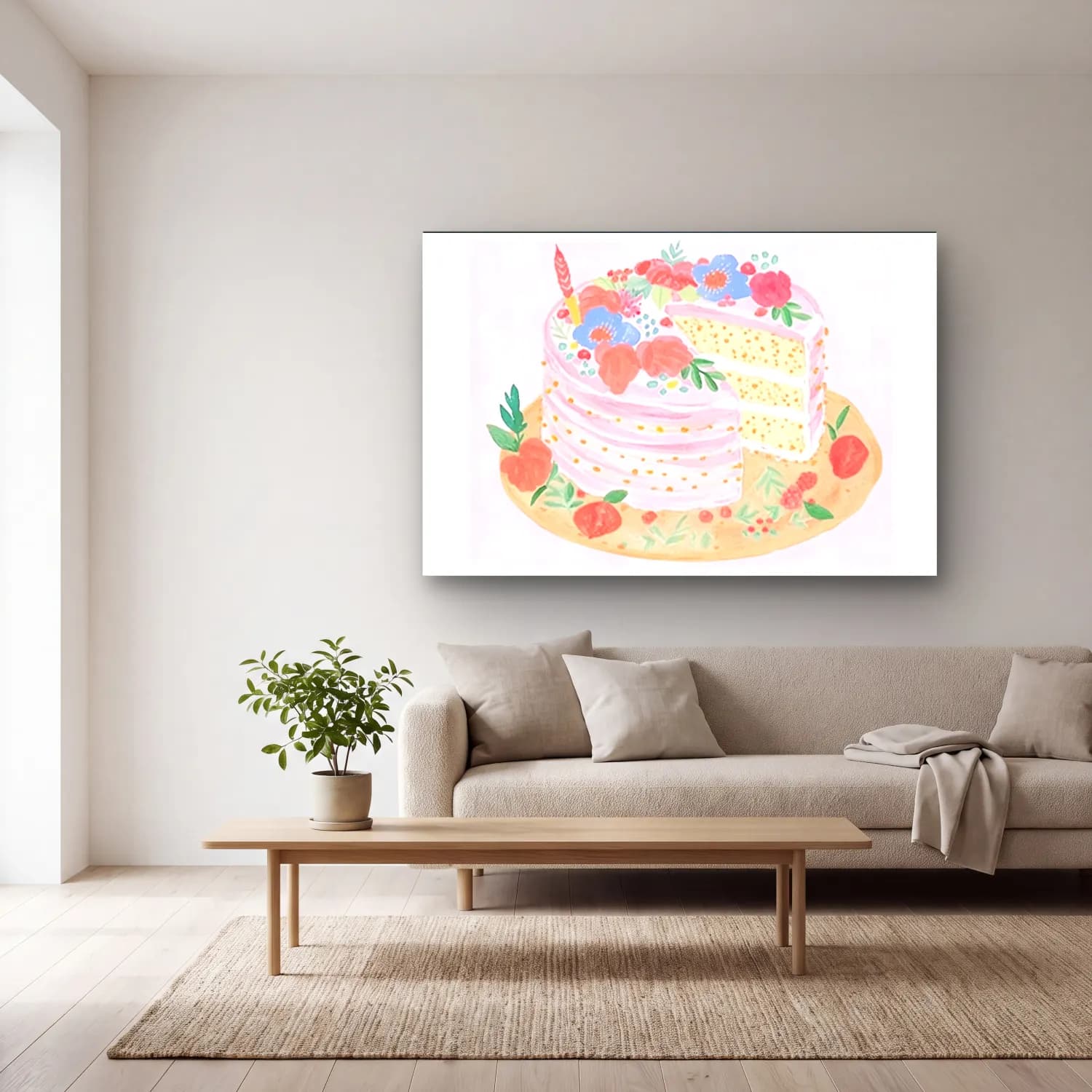 Pastel Tatlılar No. 12 cam tablo — açık renk salonda