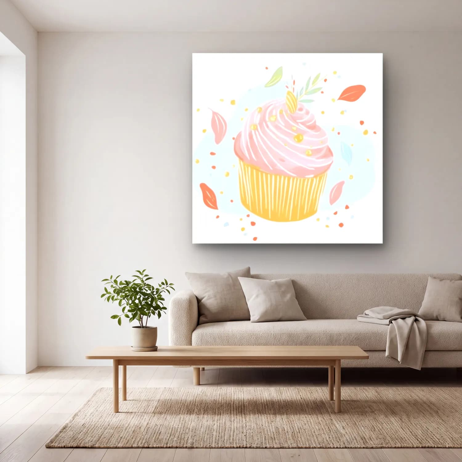Pastel Tatlılar No. 13 cam tablo — açık renk salonda