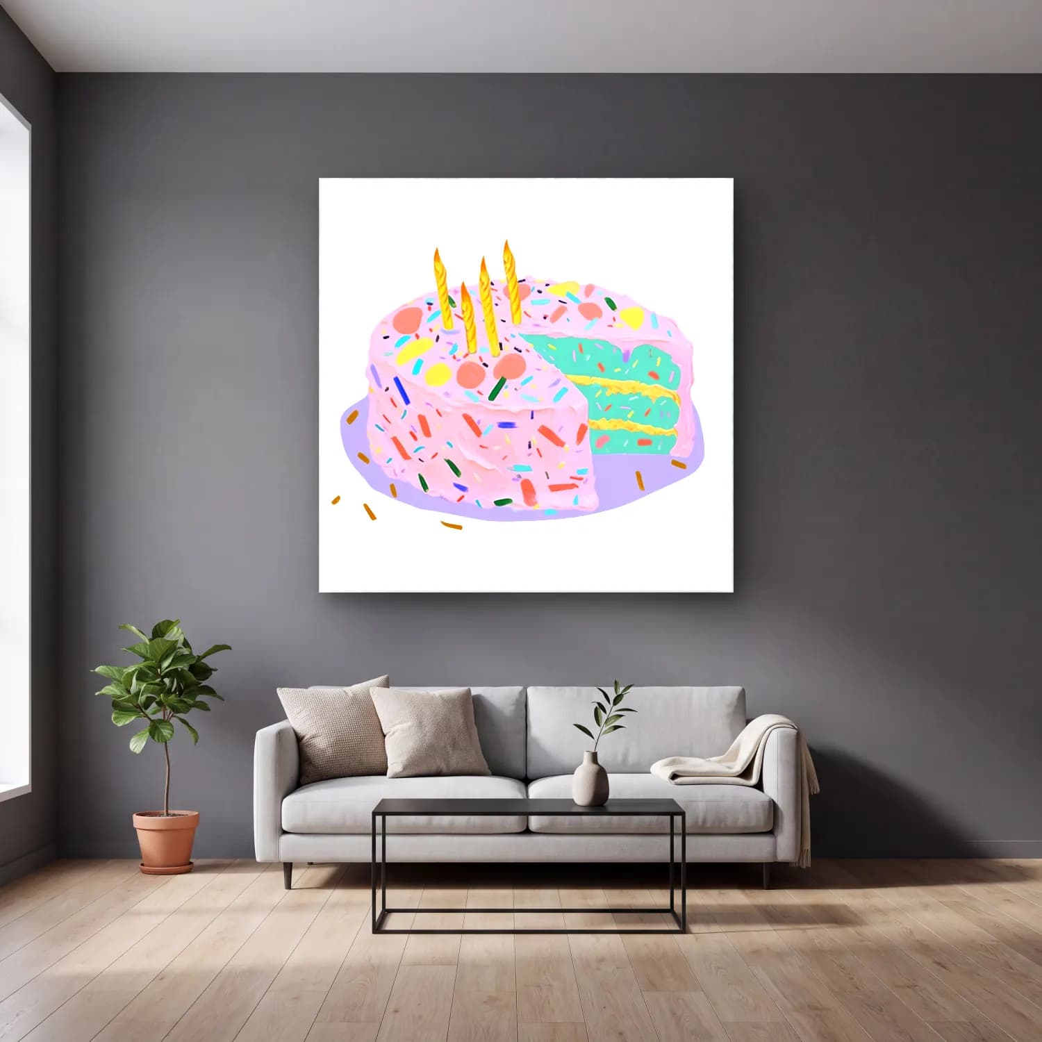 Pastel Tatlılar No. 14 cam tablo — gri duvarlı salonda