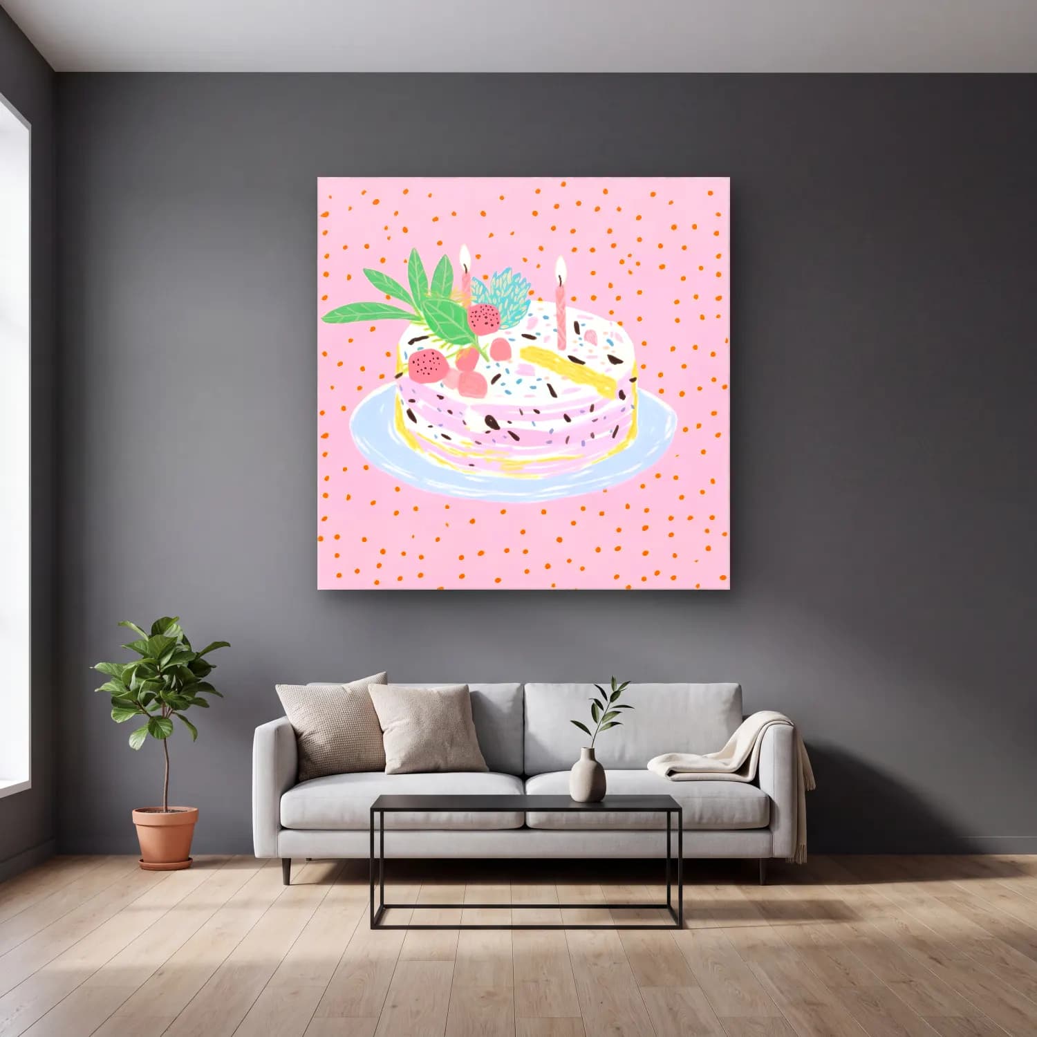 Pastel Tatlılar No. 15 cam tablo — gri duvarlı salonda