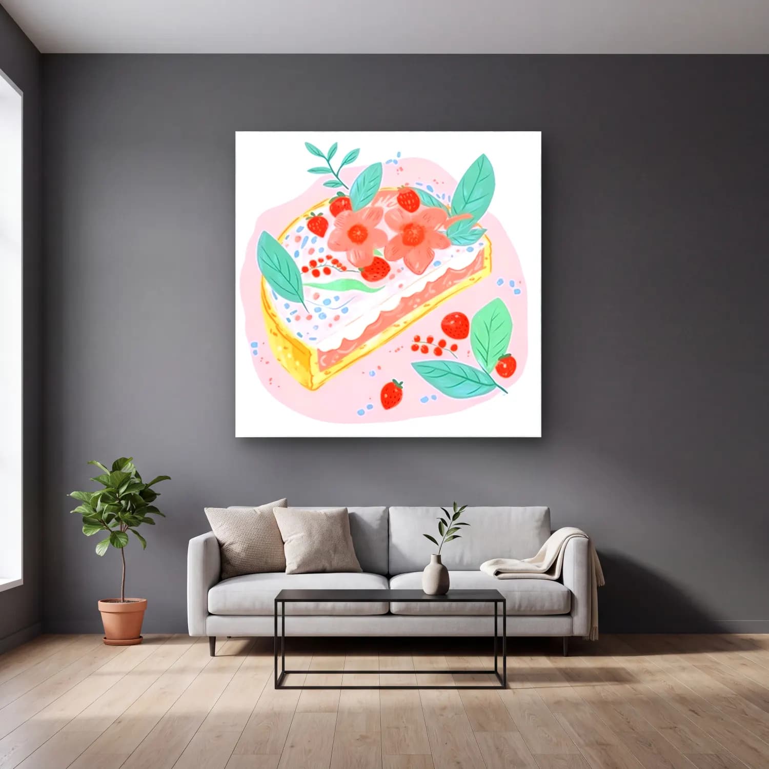 Pastel Tatlılar No. 17 cam tablo — gri duvarlı salonda