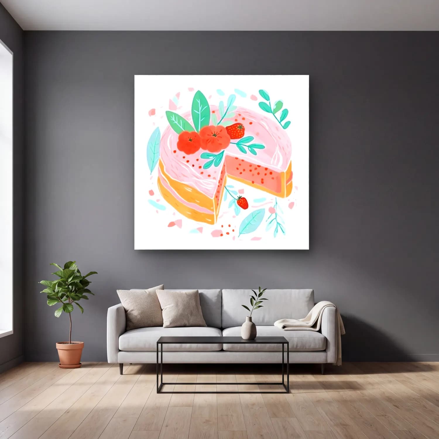 Pastel Tatlılar No. 18 cam tablo — gri duvarlı salonda