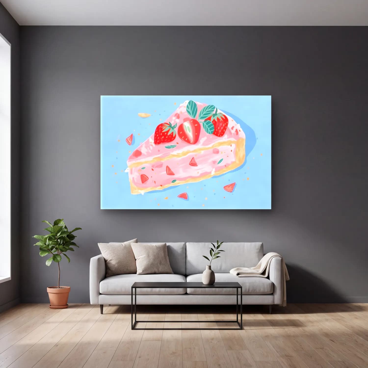 Pastel Tatlılar No. 19 cam tablo — gri duvarlı salonda