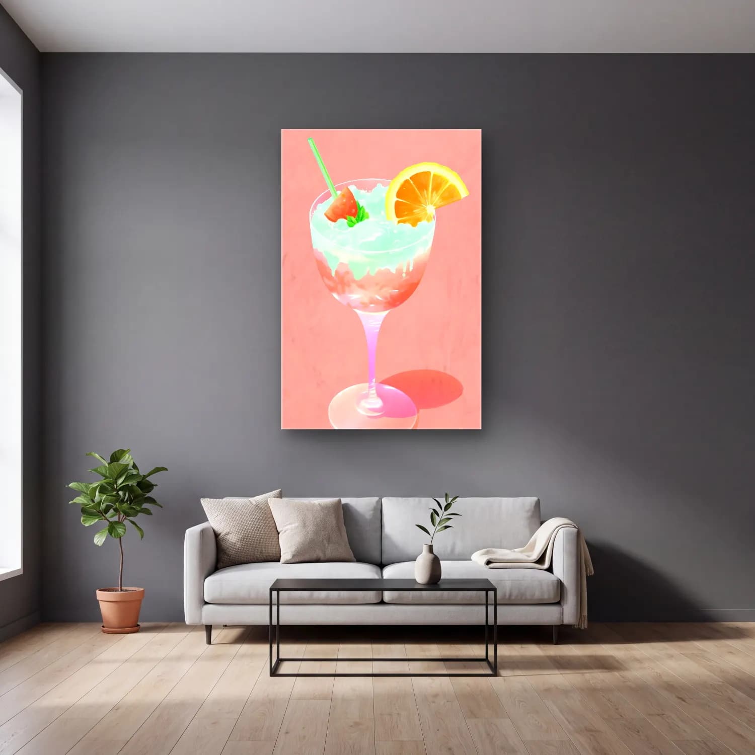 Pastel Kokteyl No. 5 cam tablo — gri duvarlı salonda