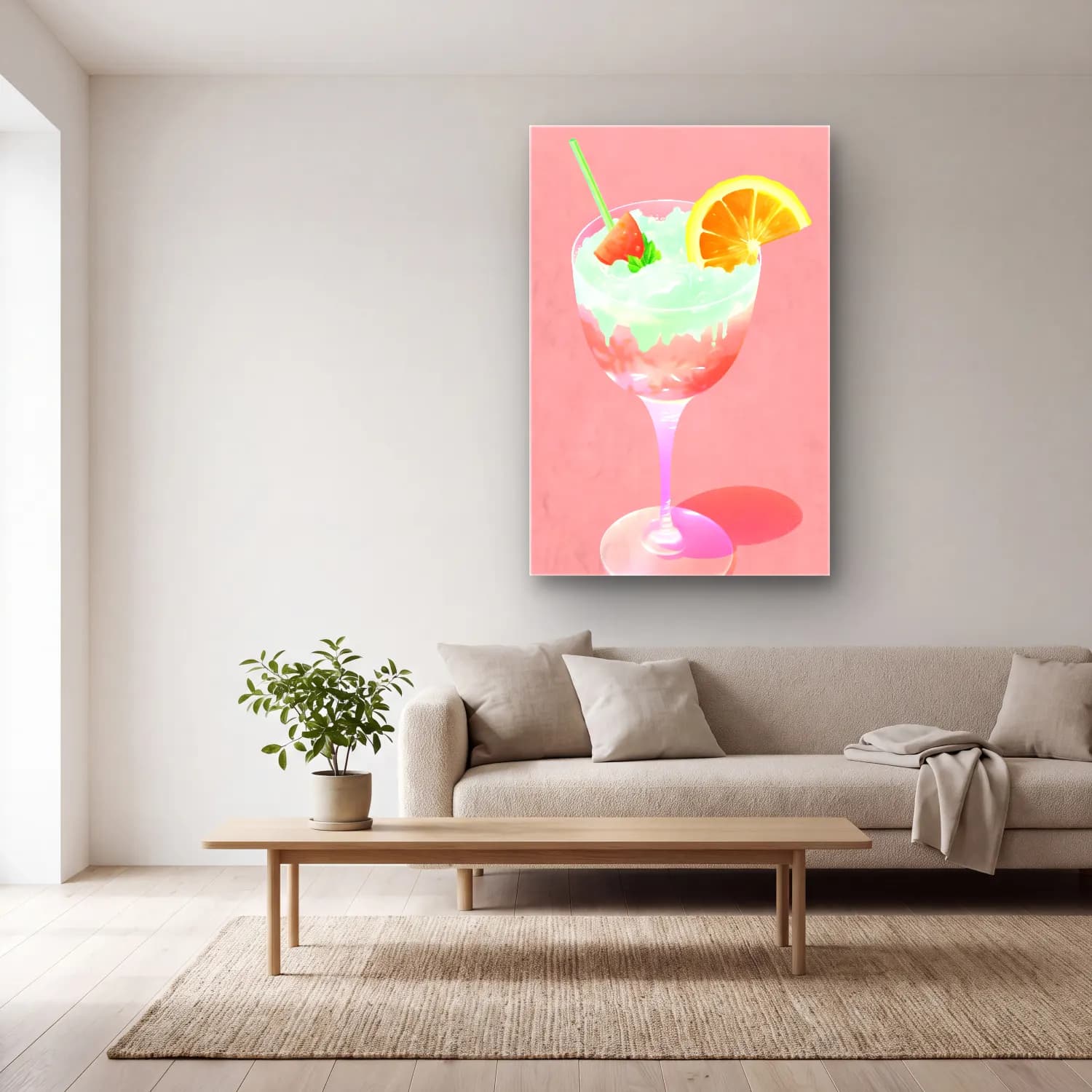 Pastel Kokteyl No. 5 cam tablo — açık renk salonda