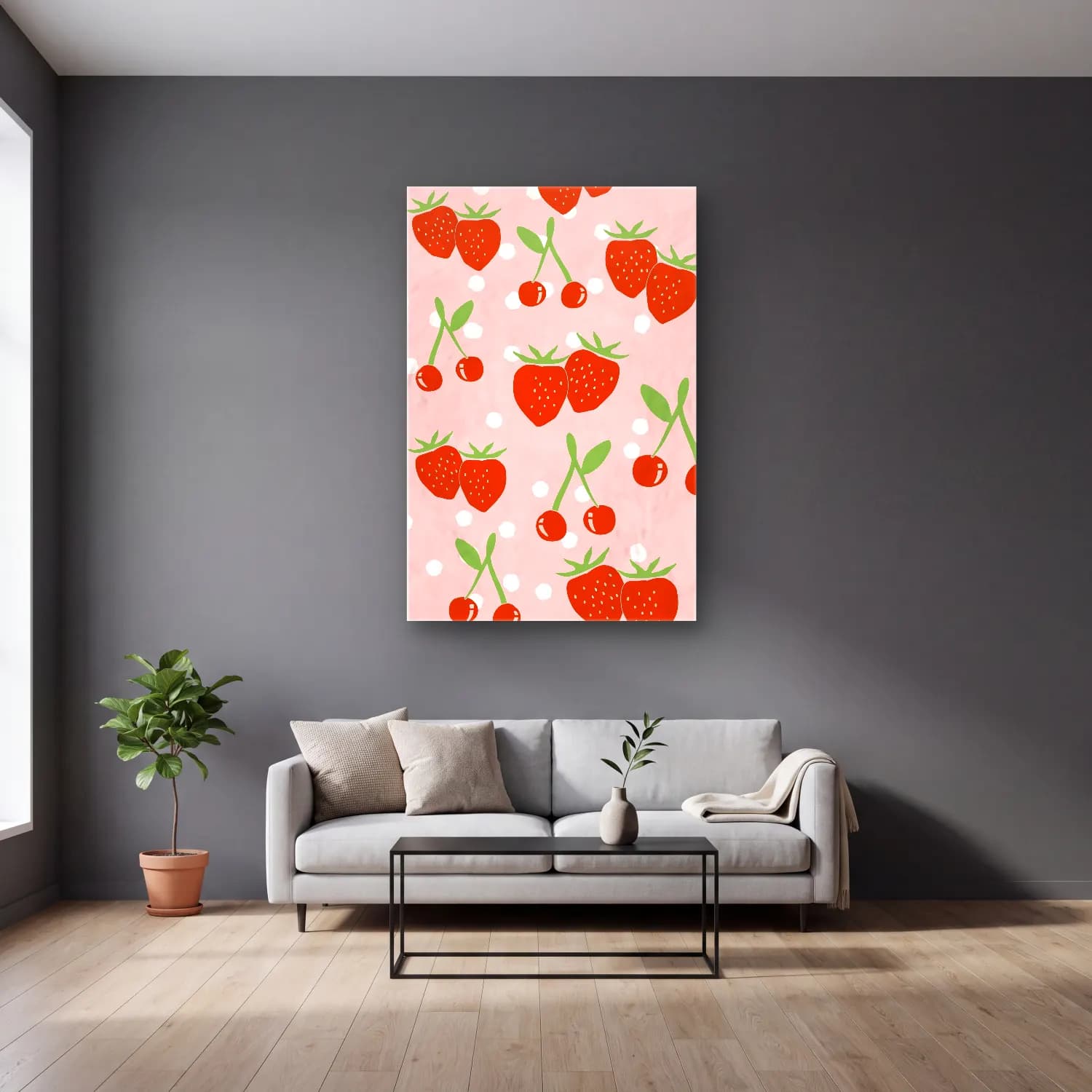 Pastel Çilekler No. 4 cam tablo — gri duvarlı salonda