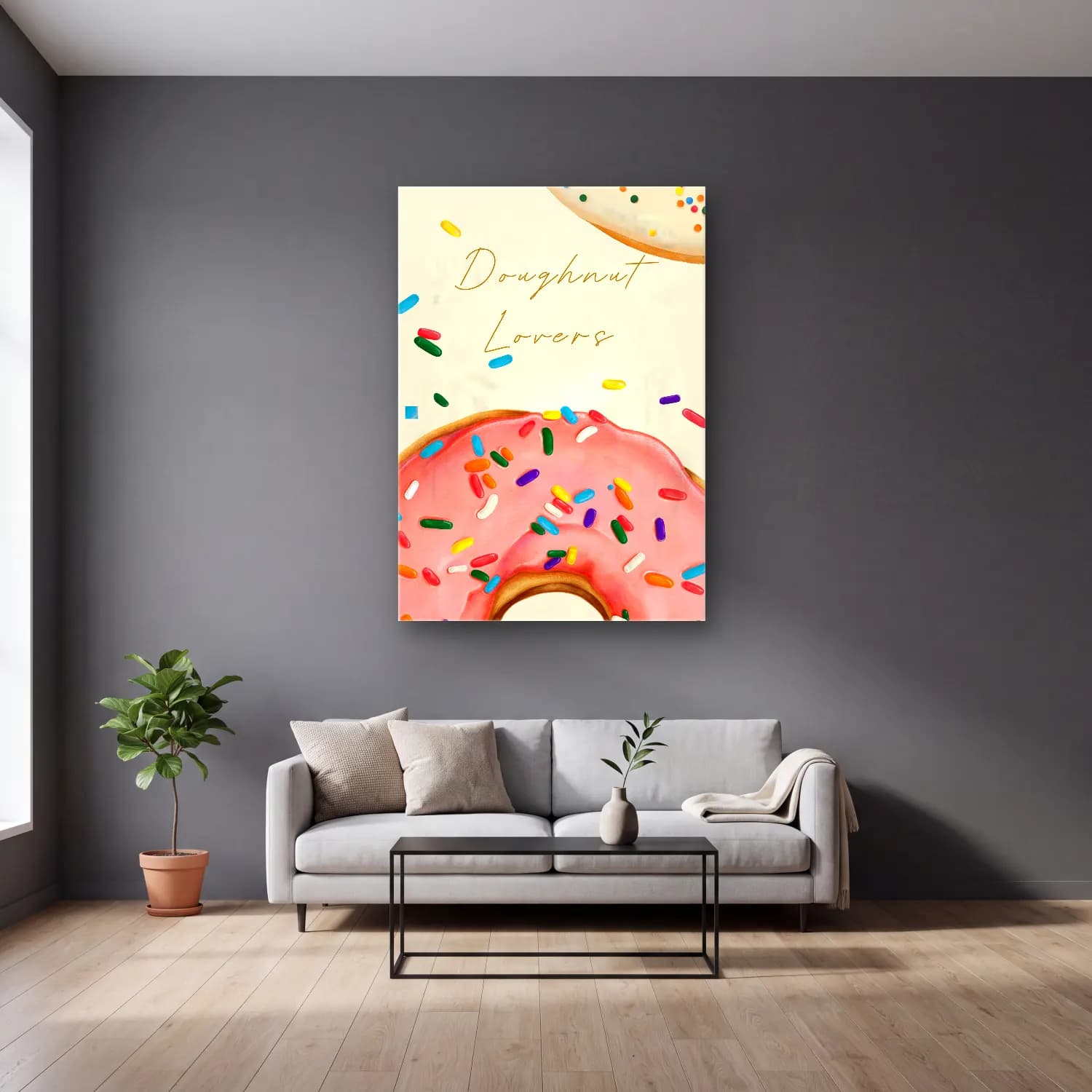 Pastel Tatlılar No. 20 cam tablo — gri duvarlı salonda