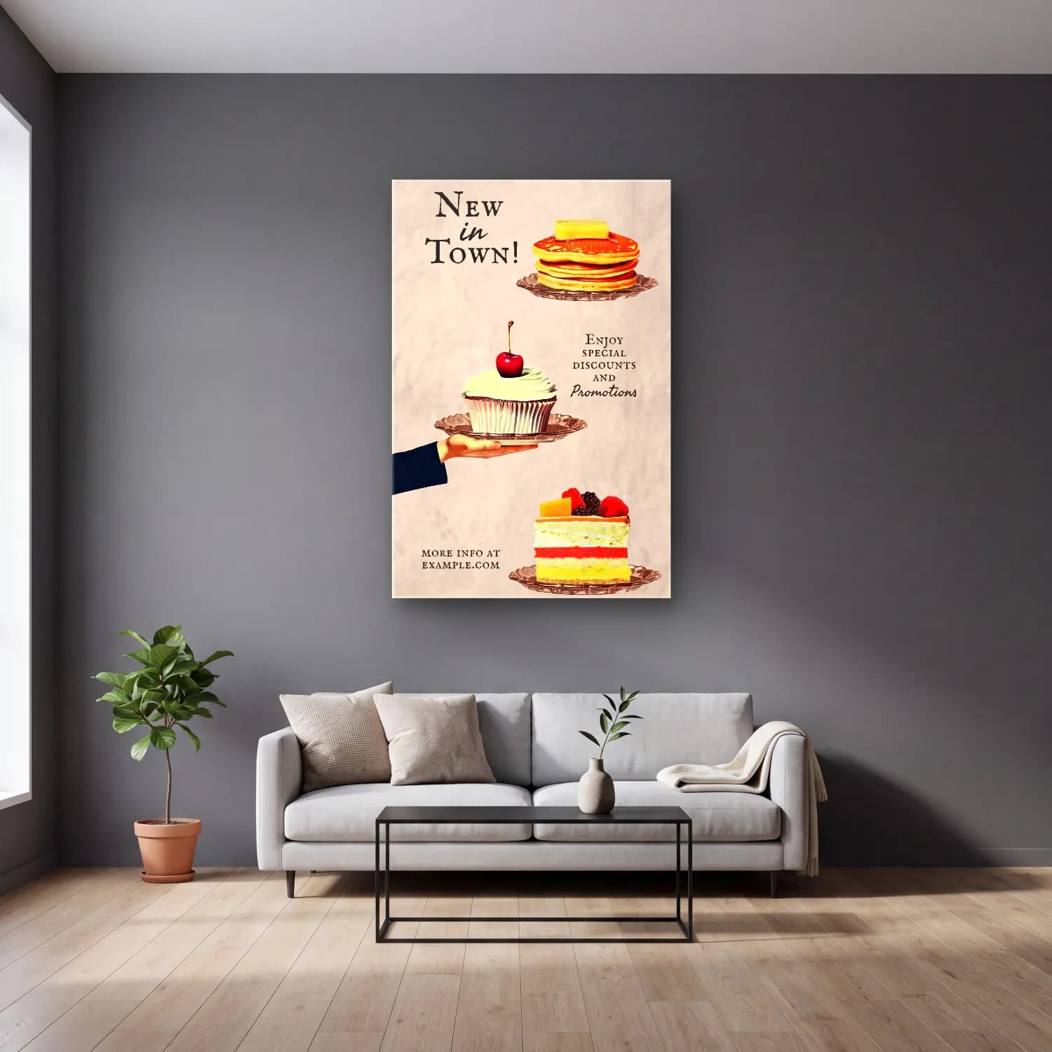 Vintage Poster Tatlılar cam tablo — gri duvarlı salonda