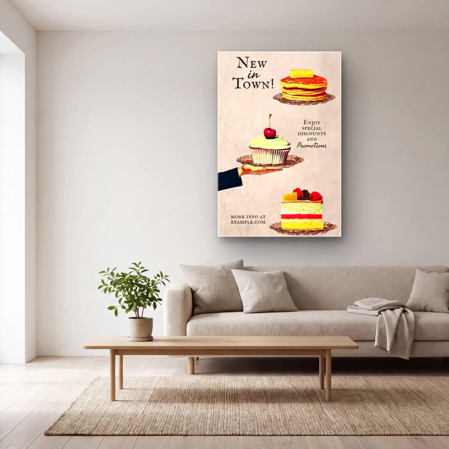 Vintage Poster Tatlılar cam tablo — açık renk salonda