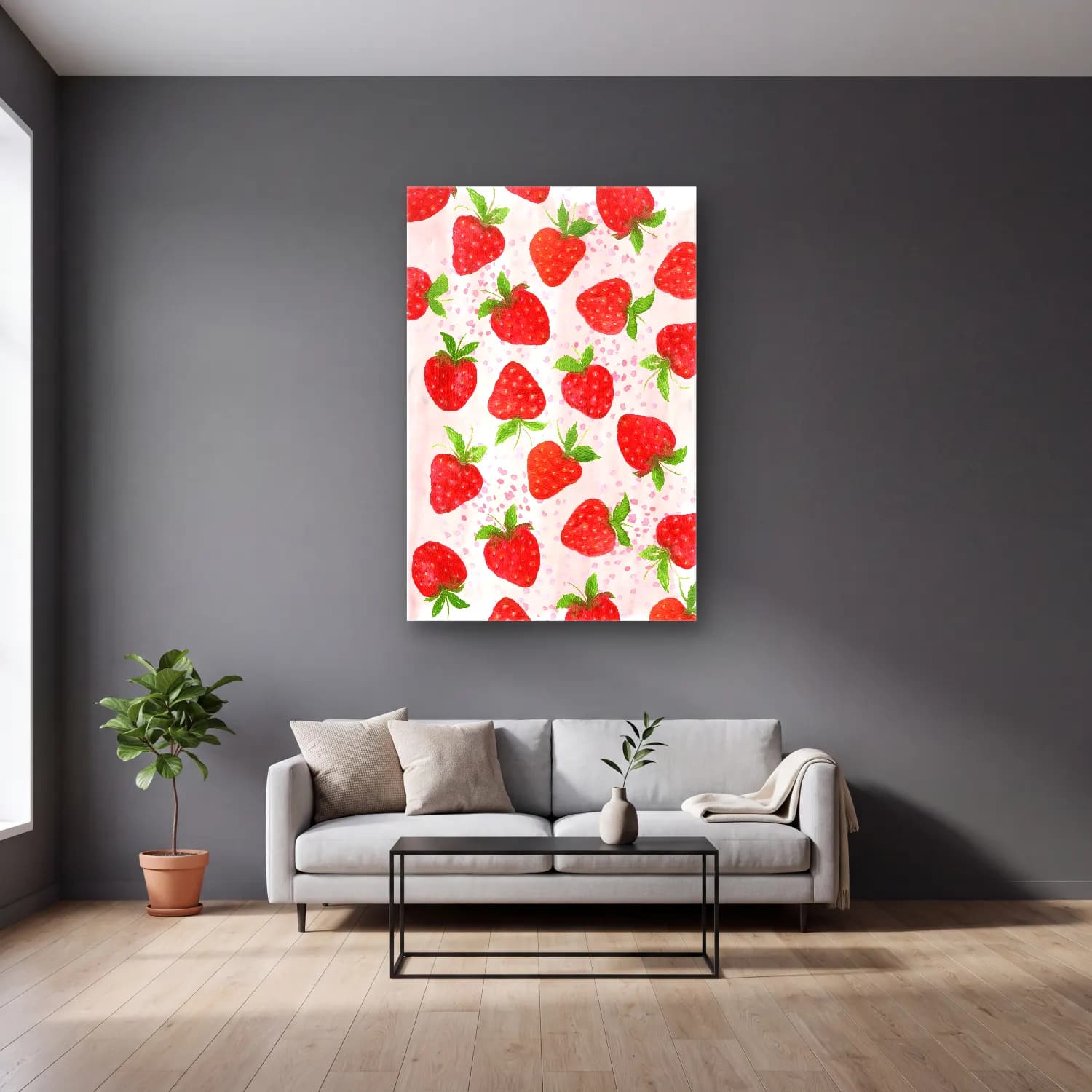 Pastel Çilekler No. 5 cam tablo — gri duvarlı salonda