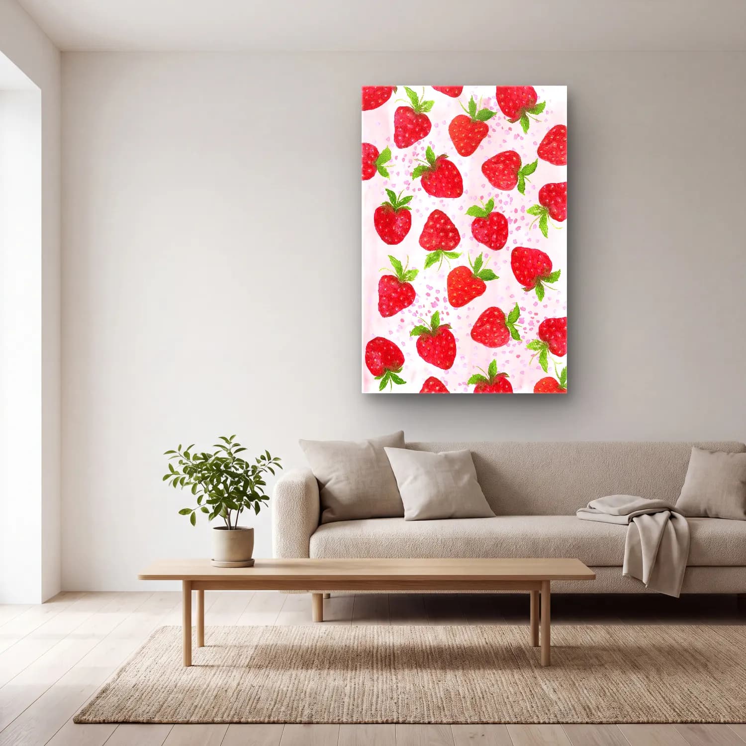 Pastel Çilekler No. 5 cam tablo — açık renk salonda