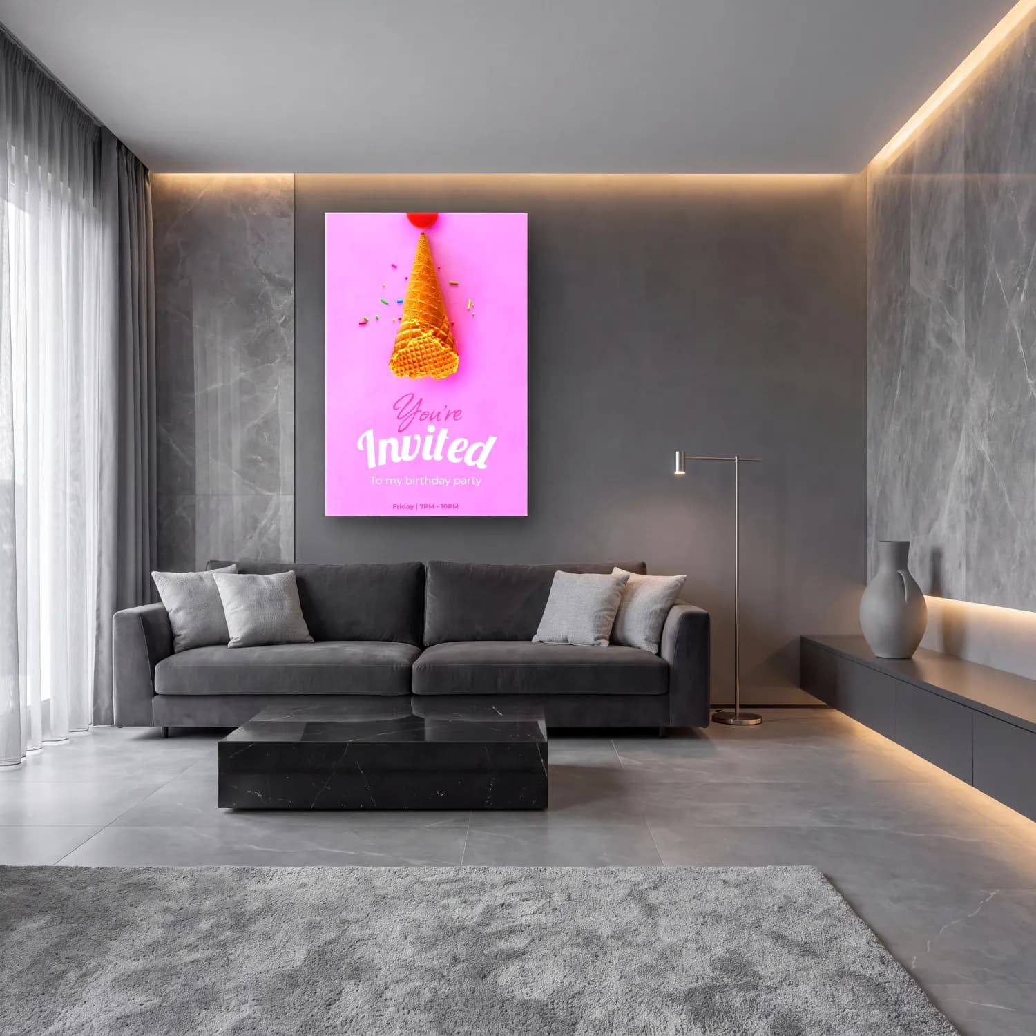 Pastel Dondurma No. 6 cam tablo — lüks salon duvarında